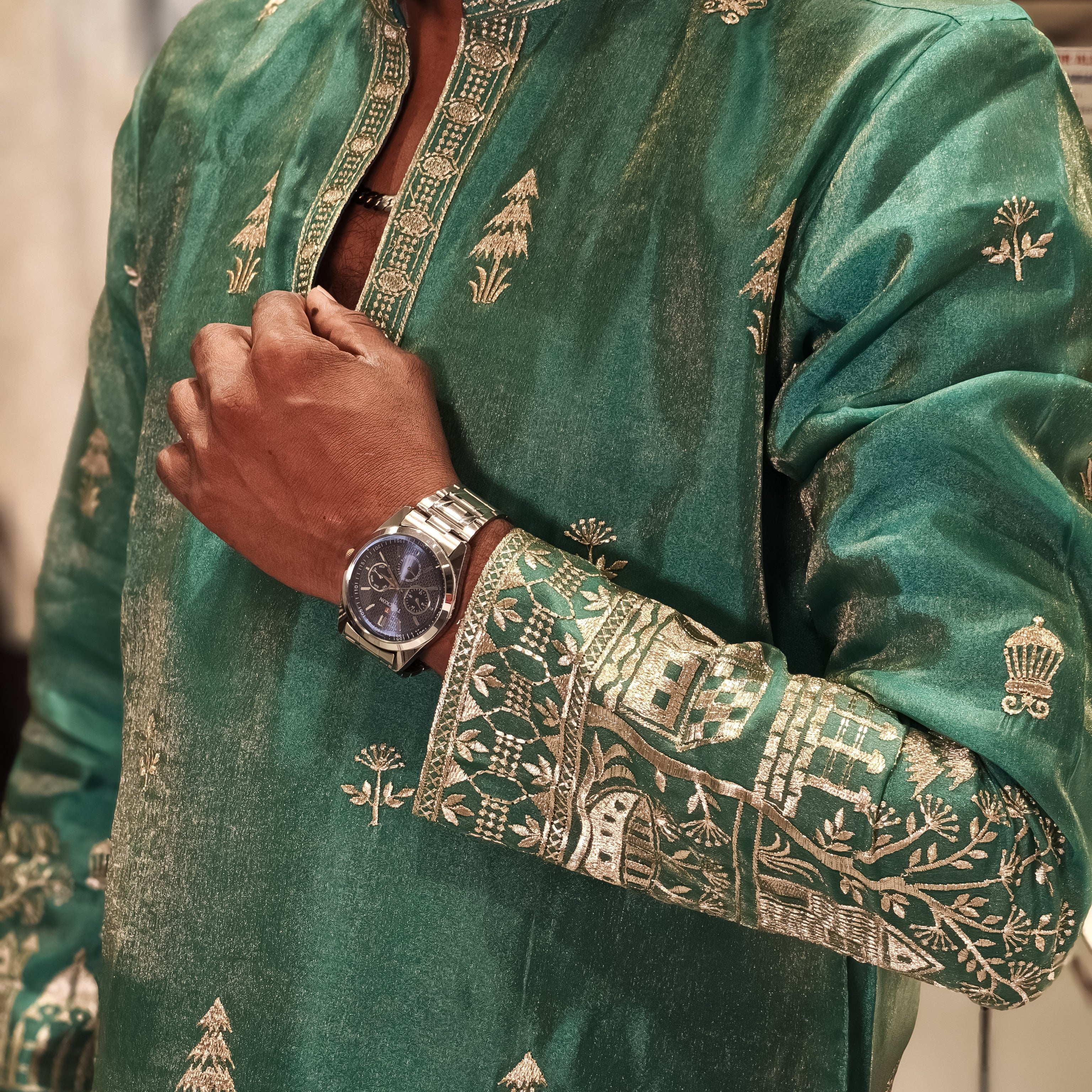 Teal Green Tissue Silk Heavy Embroidered Kurta for Men