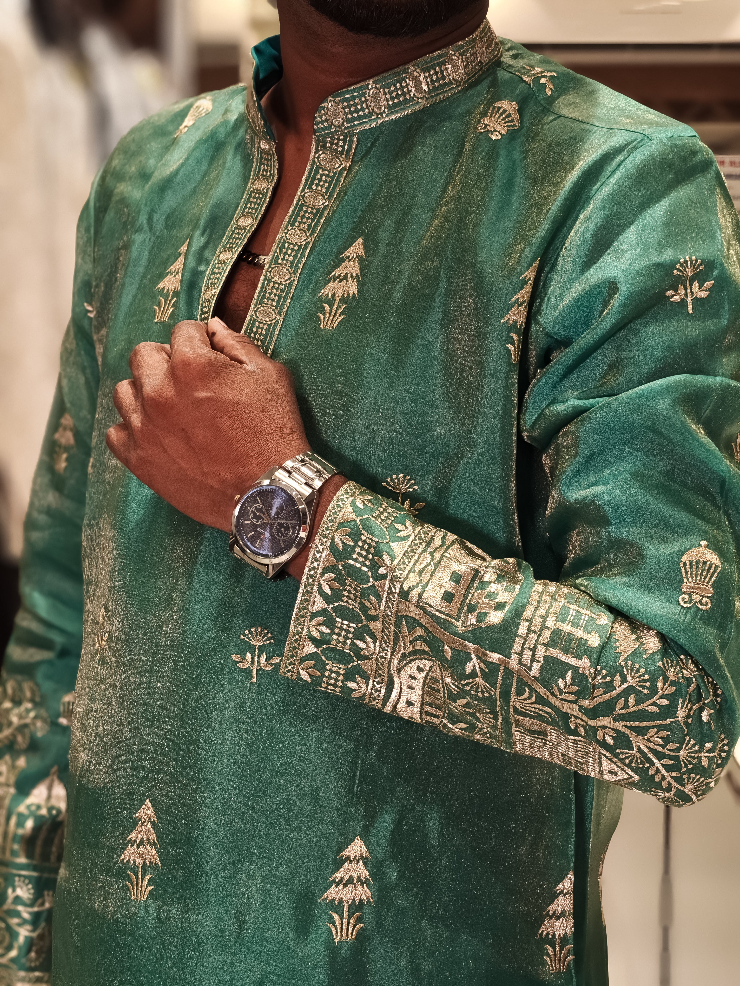 Teal Green Tissue Silk Heavy Embroidered Kurta for Men