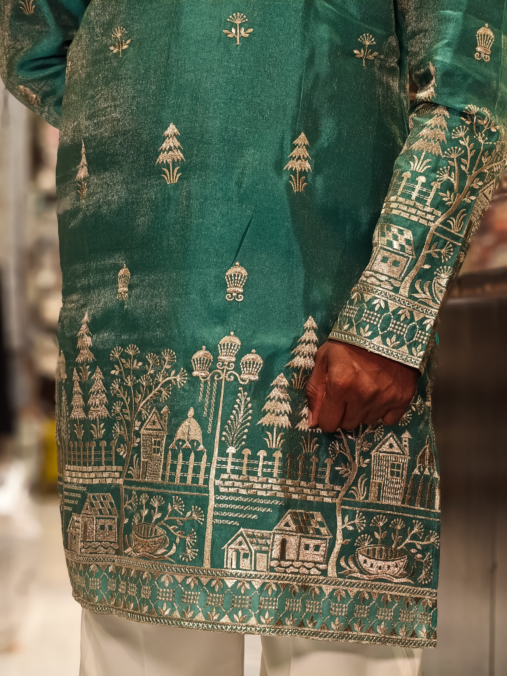 Teal Green Tissue Silk Heavy Embroidered Kurta for Men