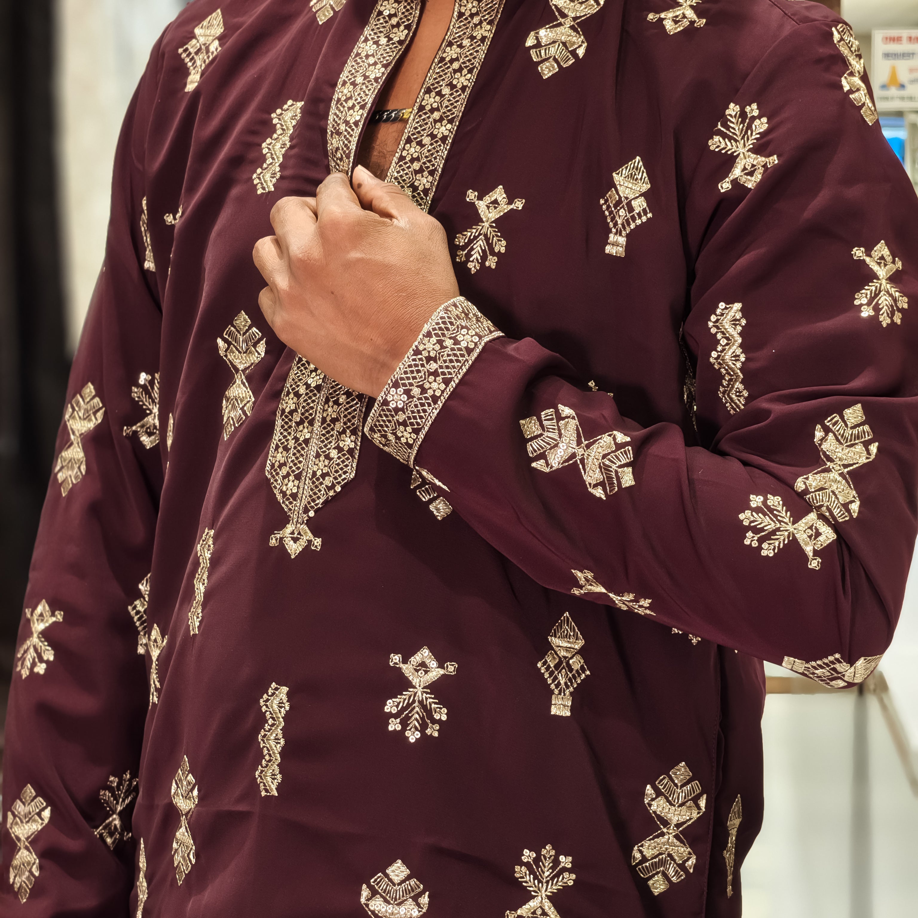 Wine Silk Embroidered Kurta for Men