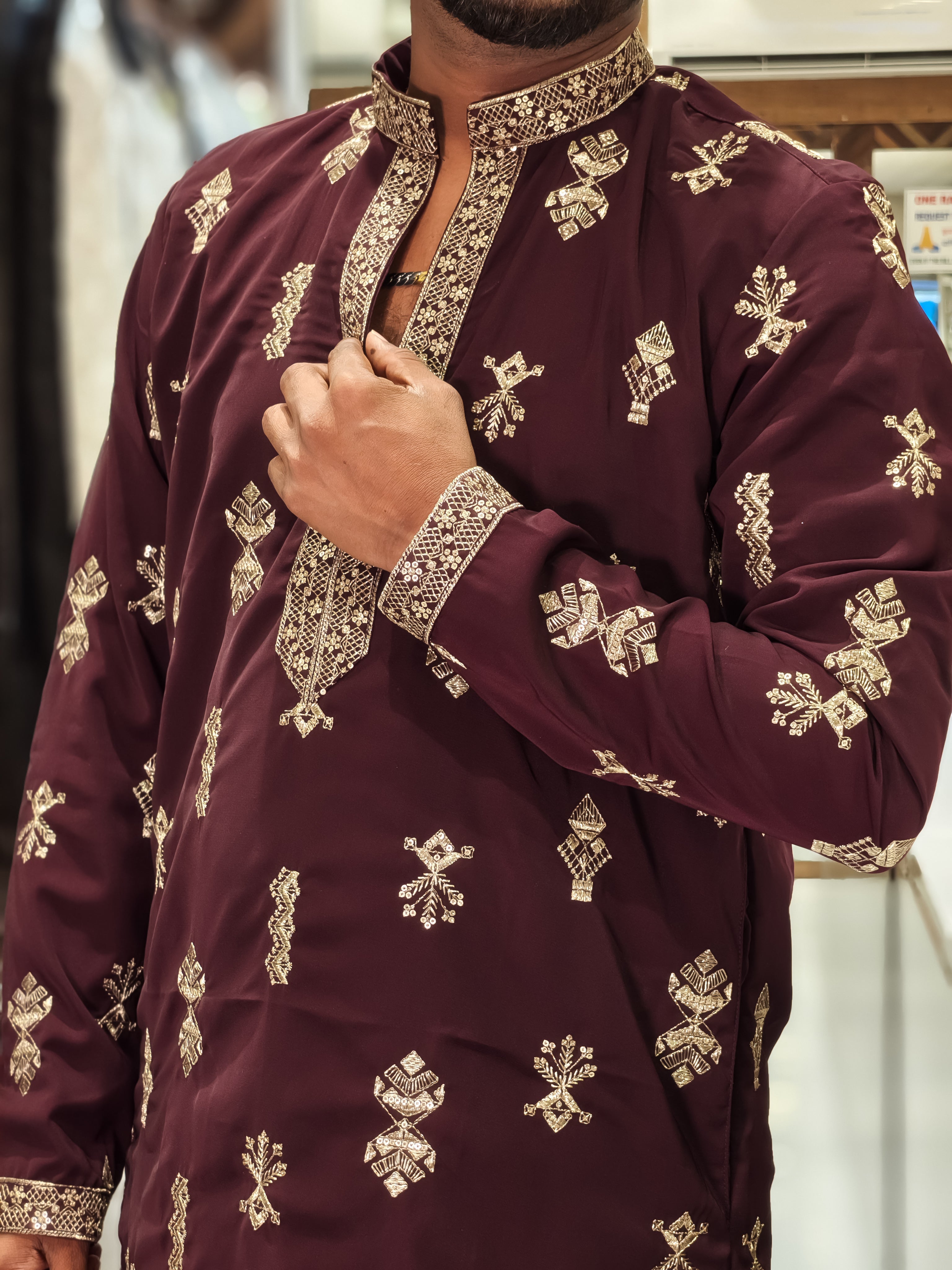 Wine Silk Embroidered Kurta for Men