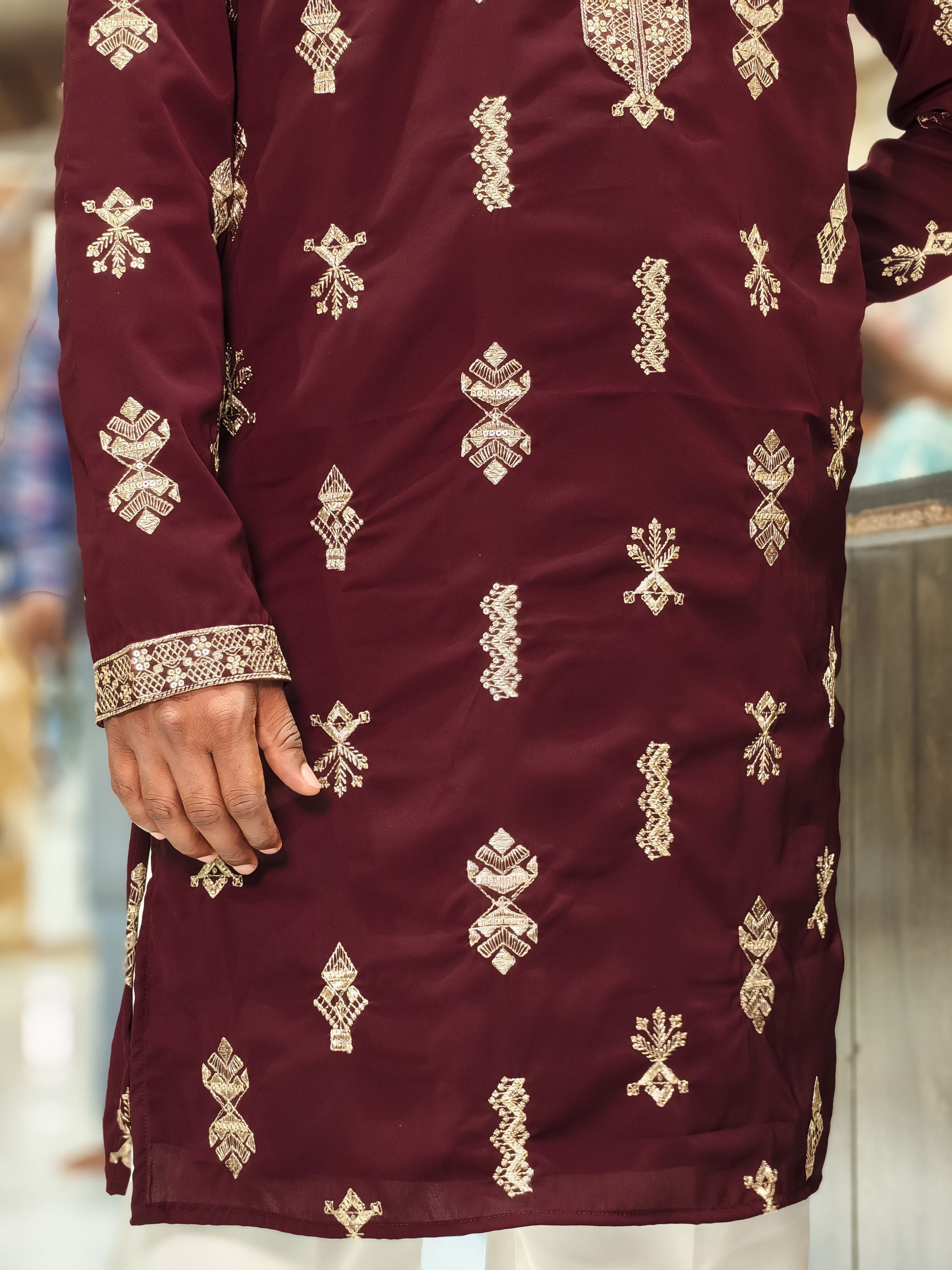 Wine Silk Embroidered Kurta for Men