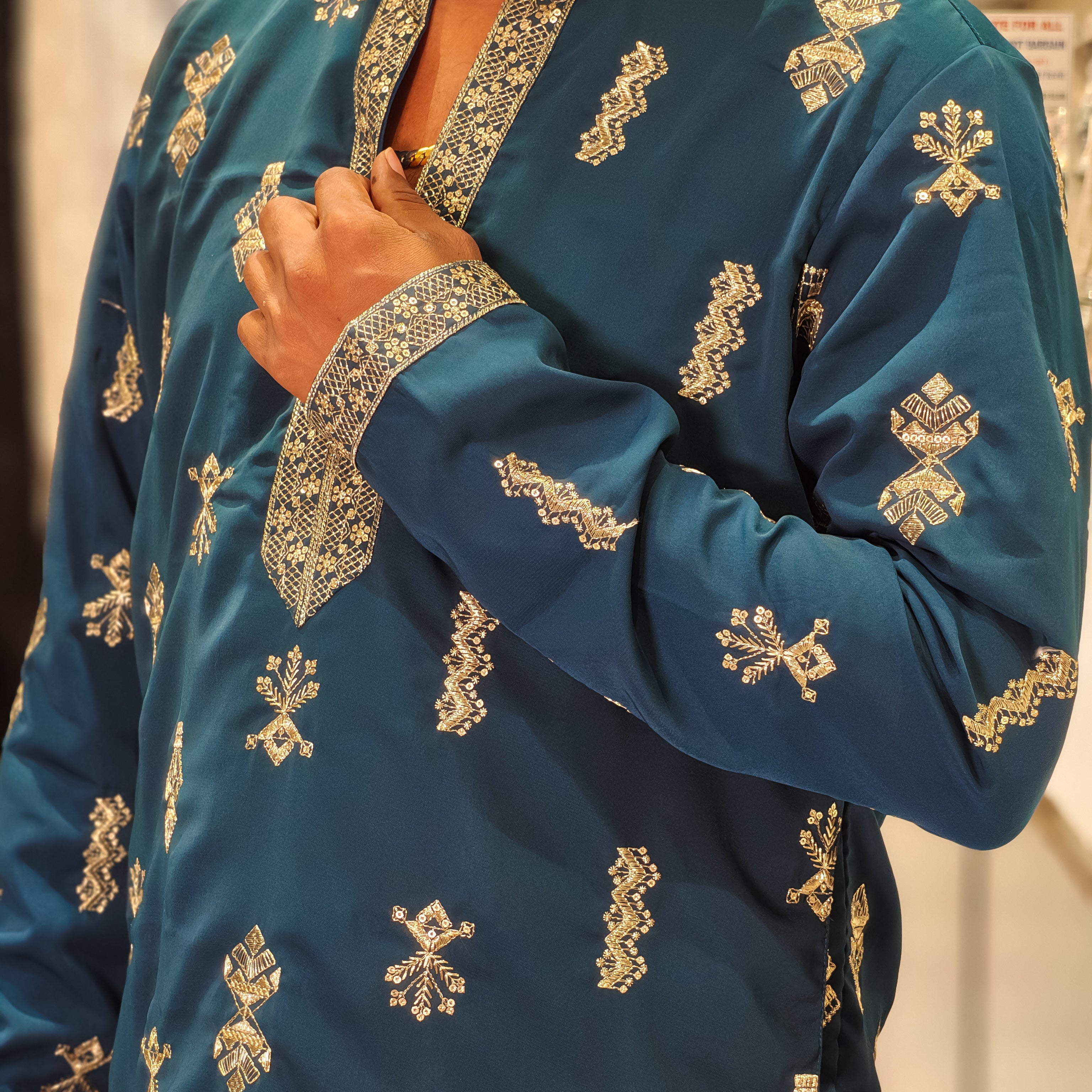 Peacock Blue Silk Embroidered Kurta for Men