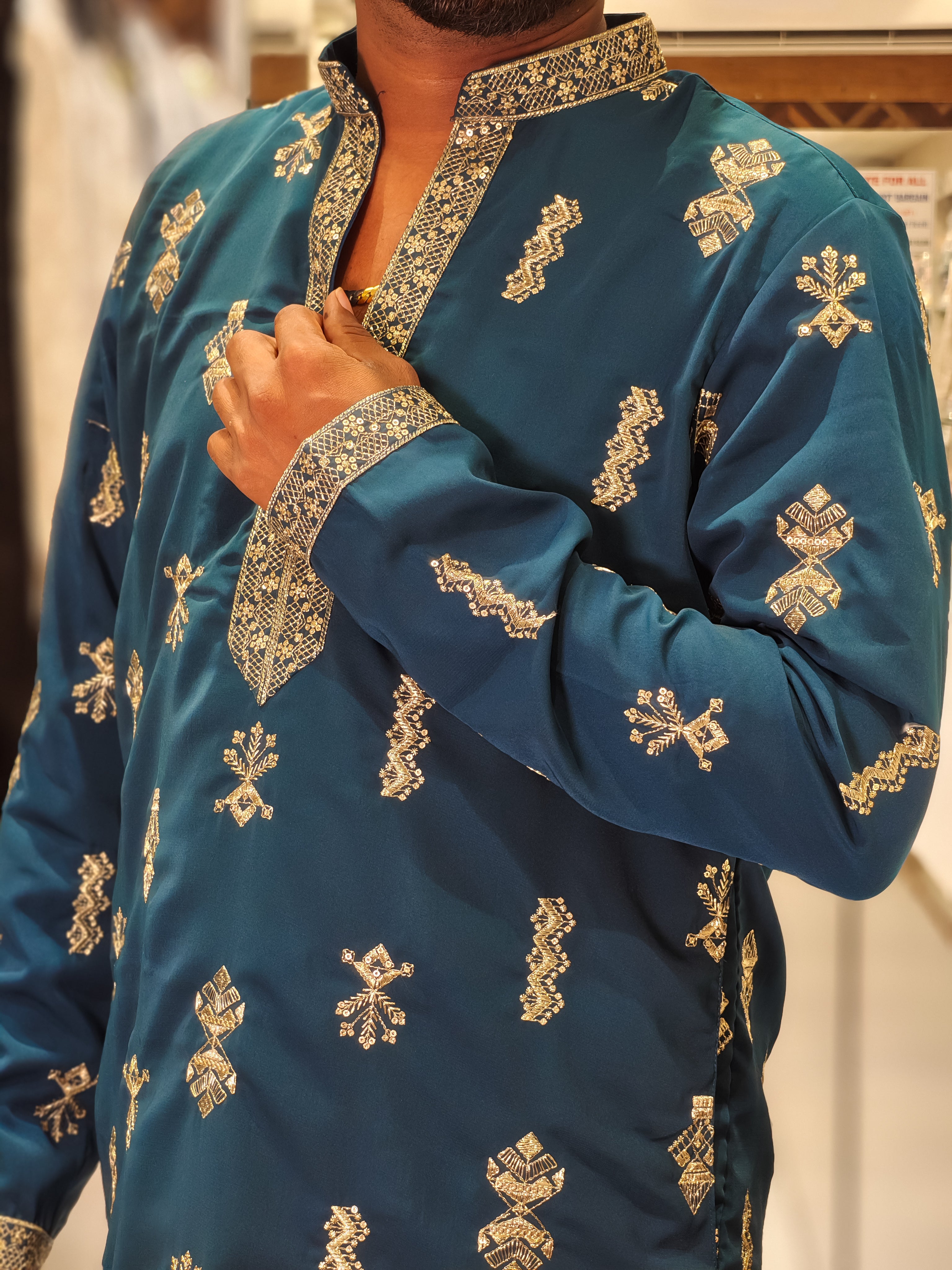 Peacock Blue Silk Embroidered Kurta for Men