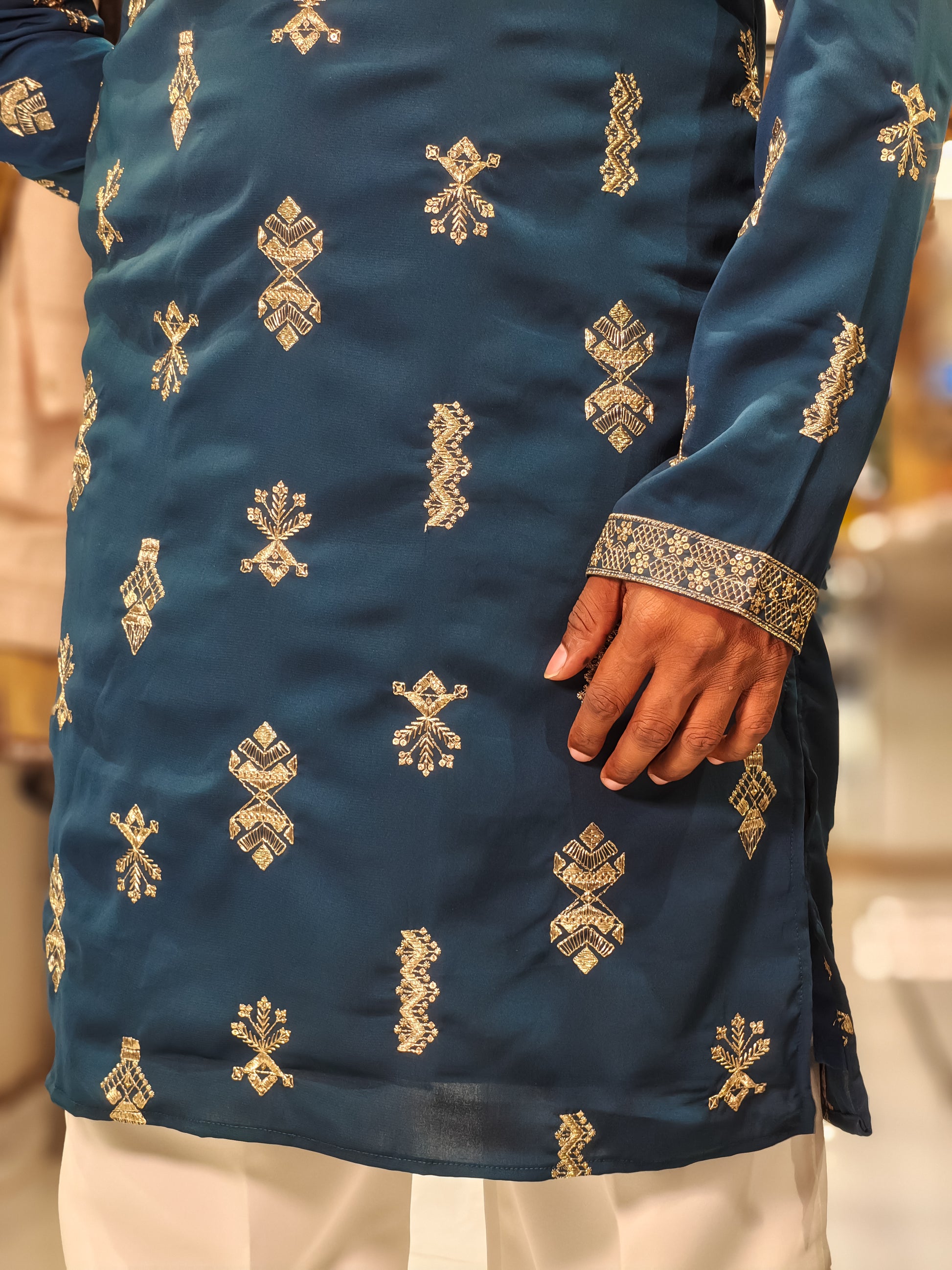 Peacock Blue Silk Embroidered Kurta for Men