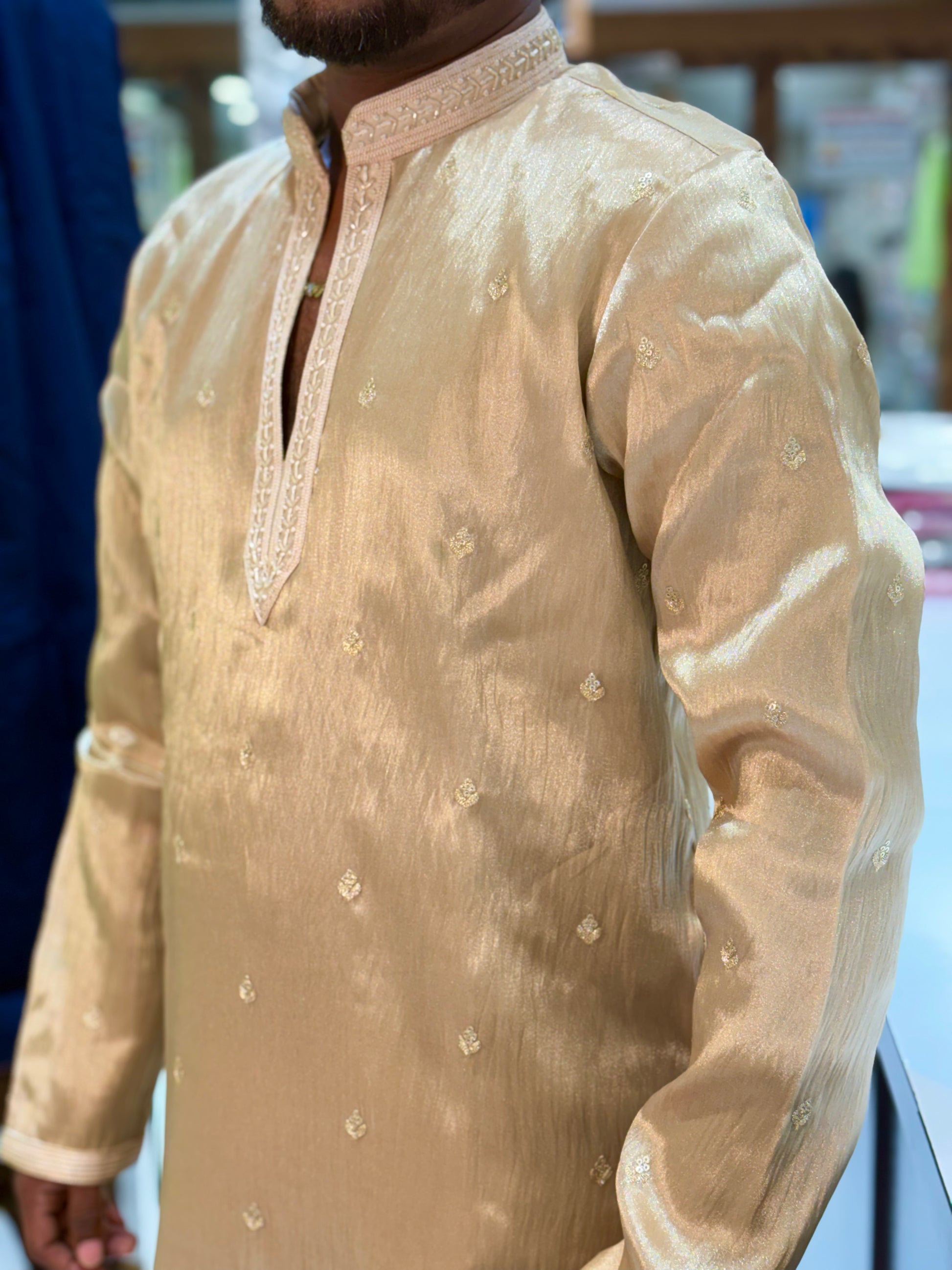 Champagne Tissue Embroidered Knee-Length Kurta