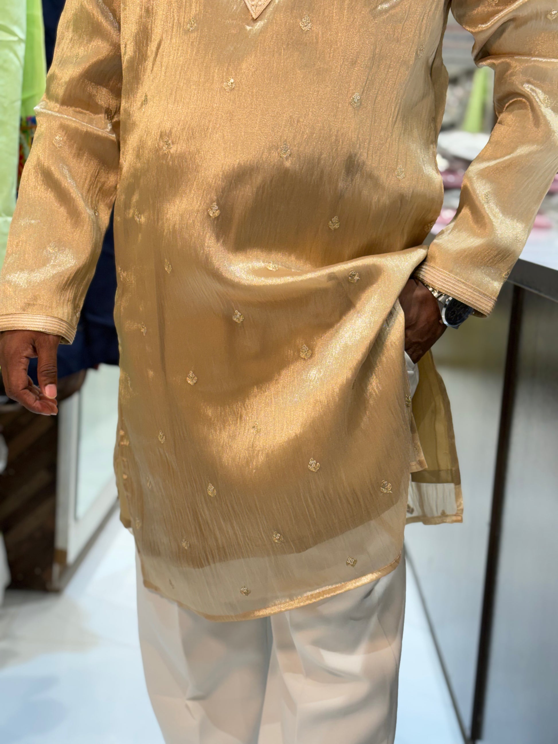 Champagne Tissue Embroidered Knee-Length Kurta