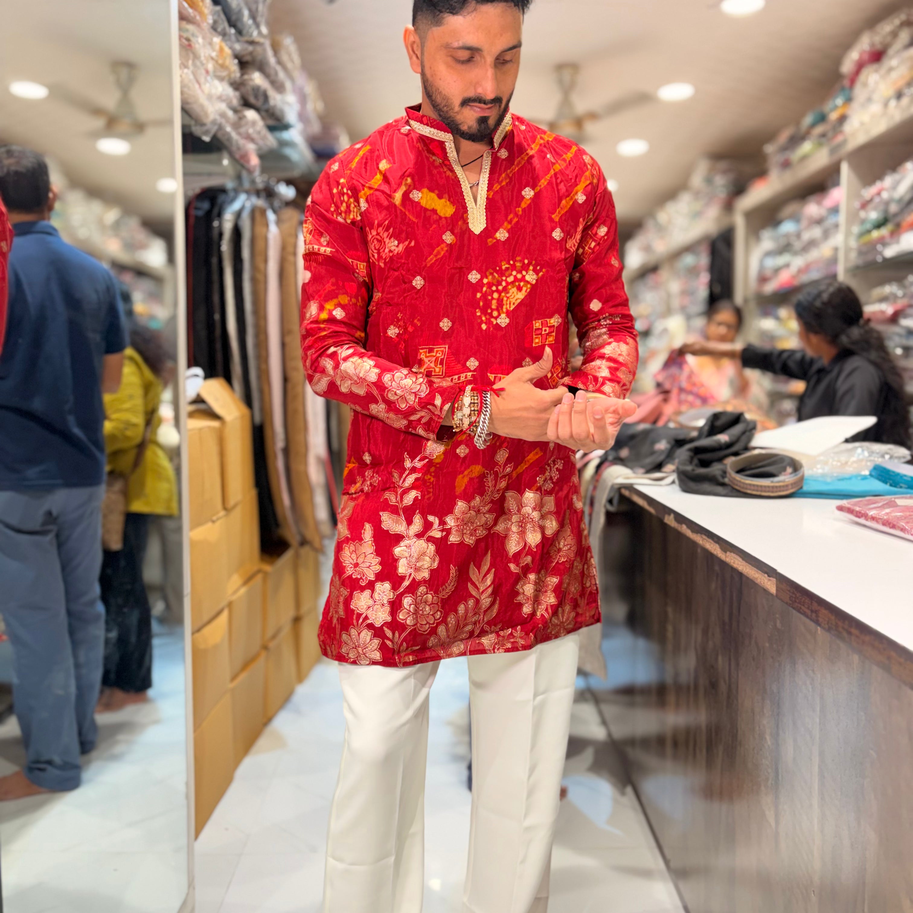 Premium Multicolour Printed & Embroidered Silk Kurta