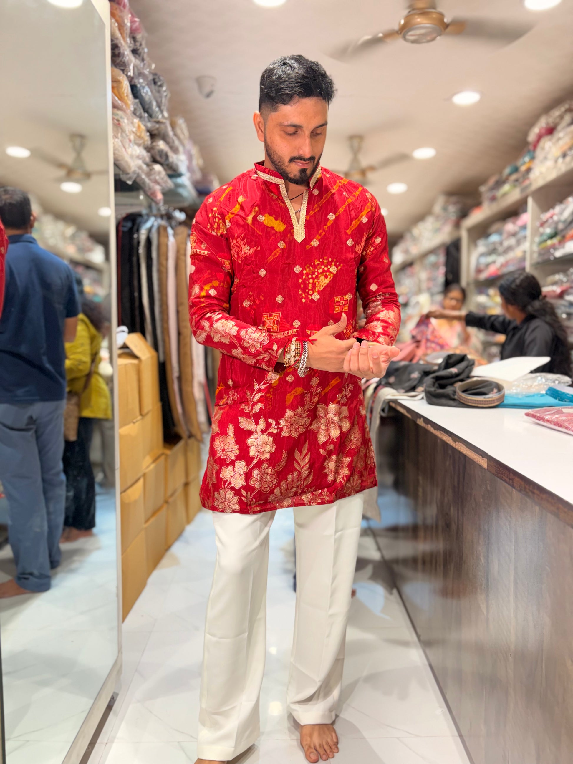 Premium Multicolour Printed & Embroidered Silk Kurta
