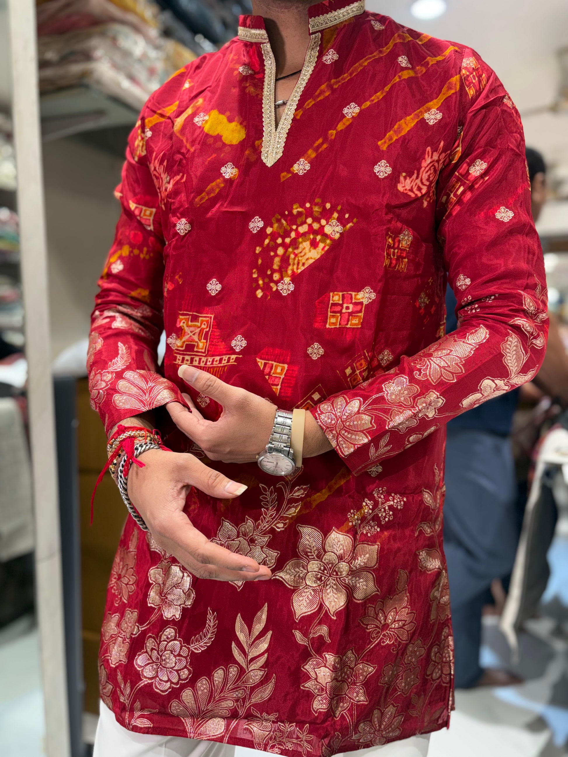 Premium Multicolour Printed & Embroidered Silk Kurta