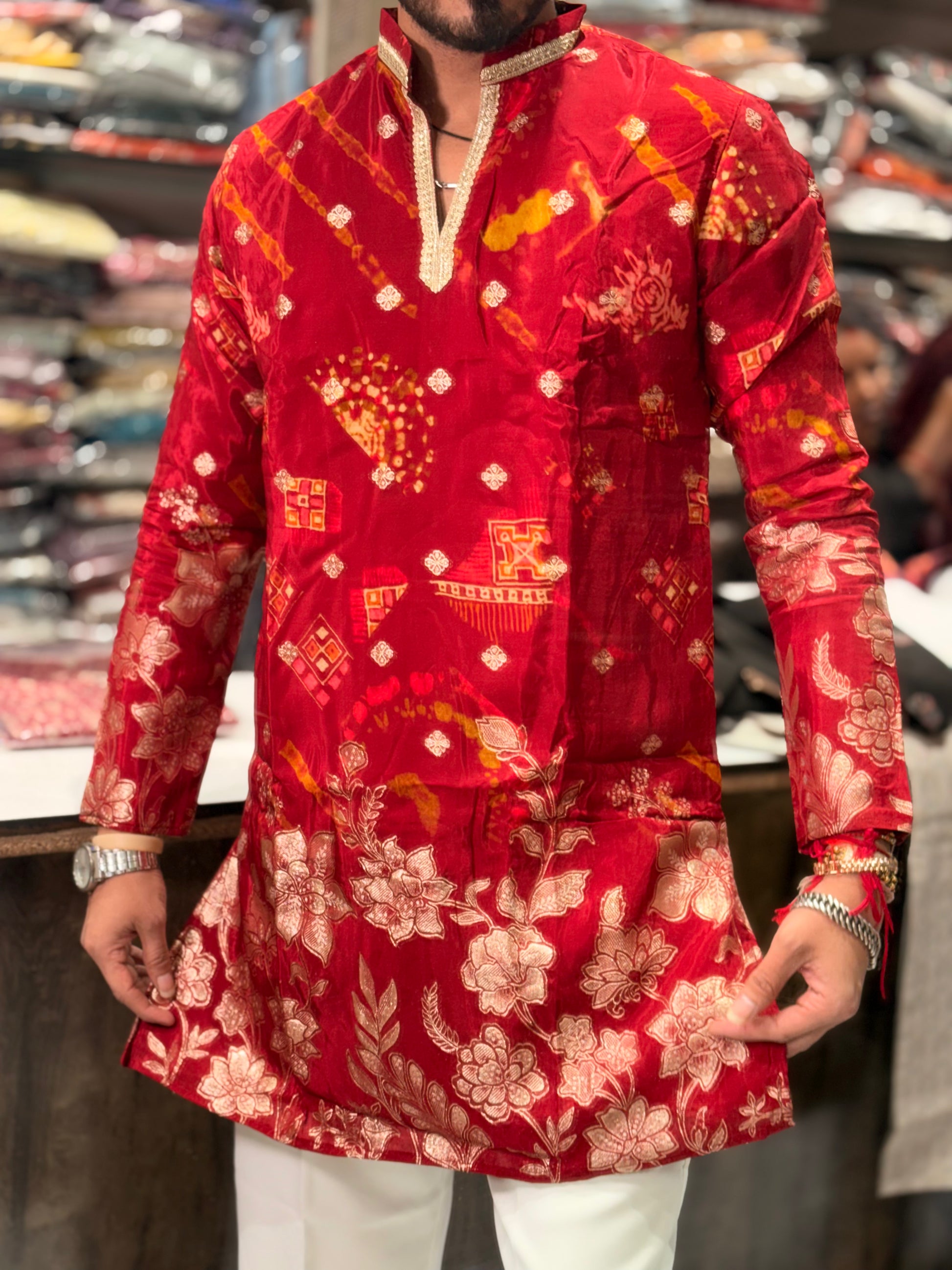 Premium Multicolour Printed & Embroidered Silk Kurta