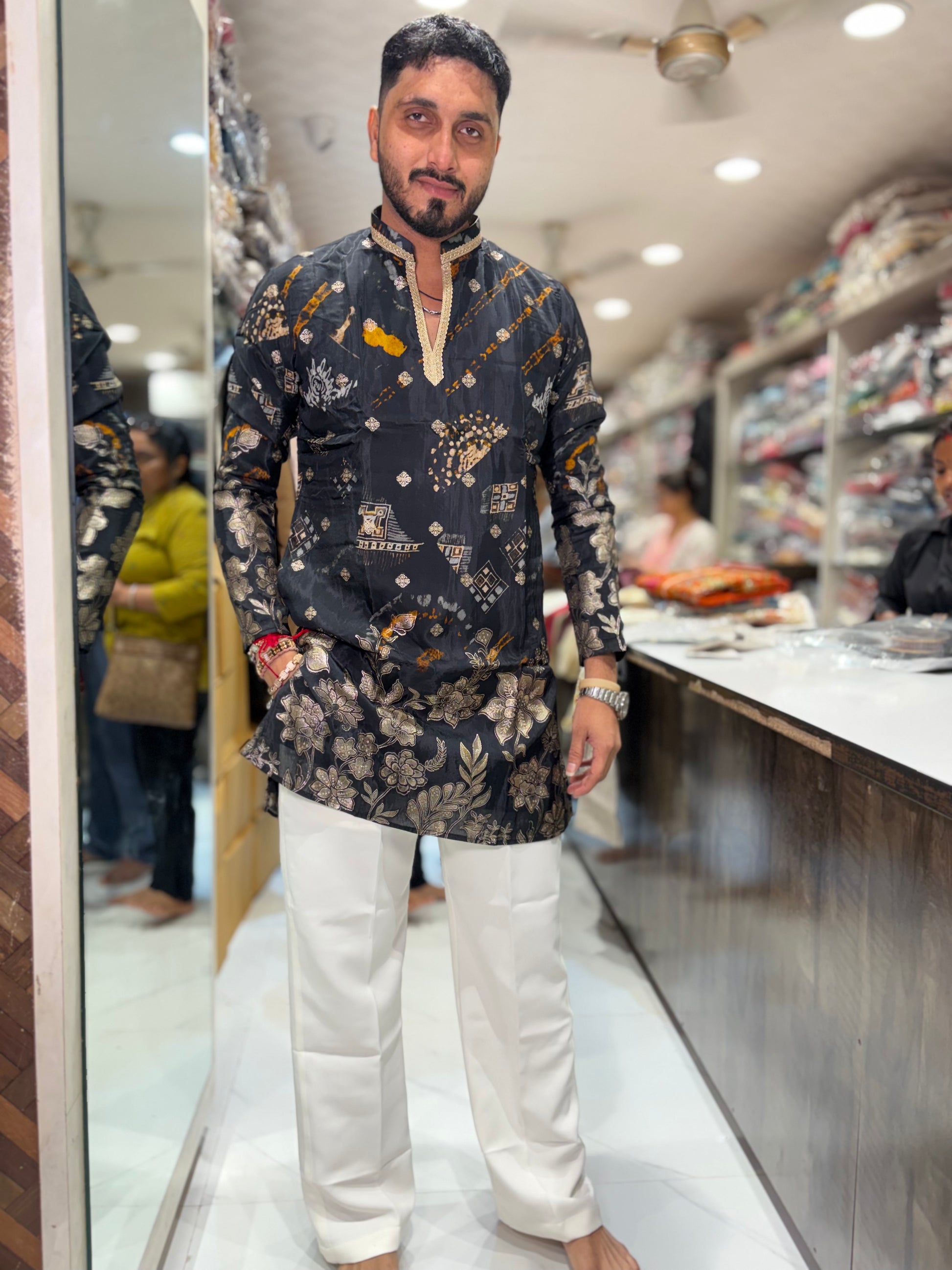 Premium Multicolour Printed & Embroidered Silk Kurta