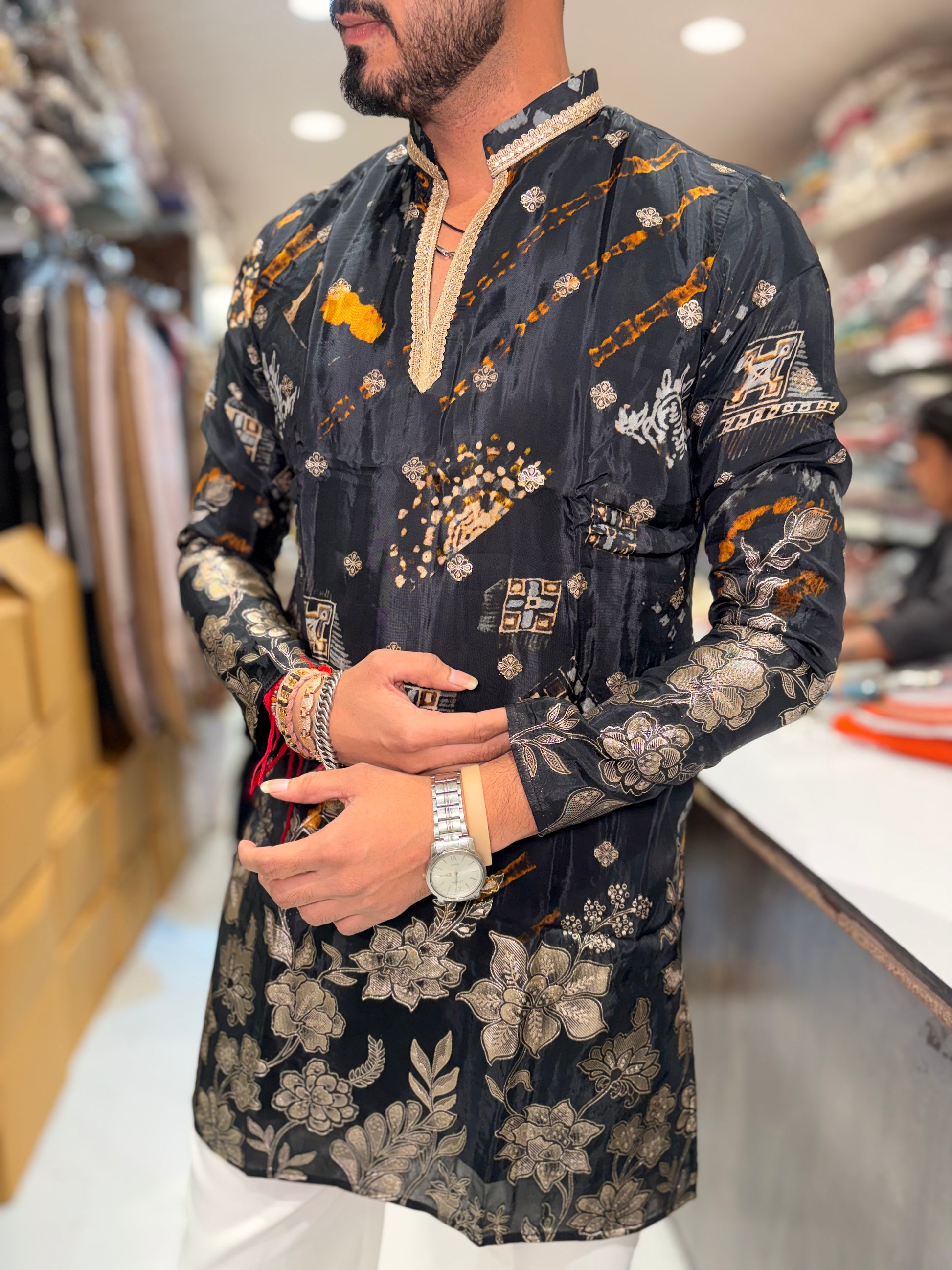 Premium Multicolour Printed & Embroidered Silk Kurta