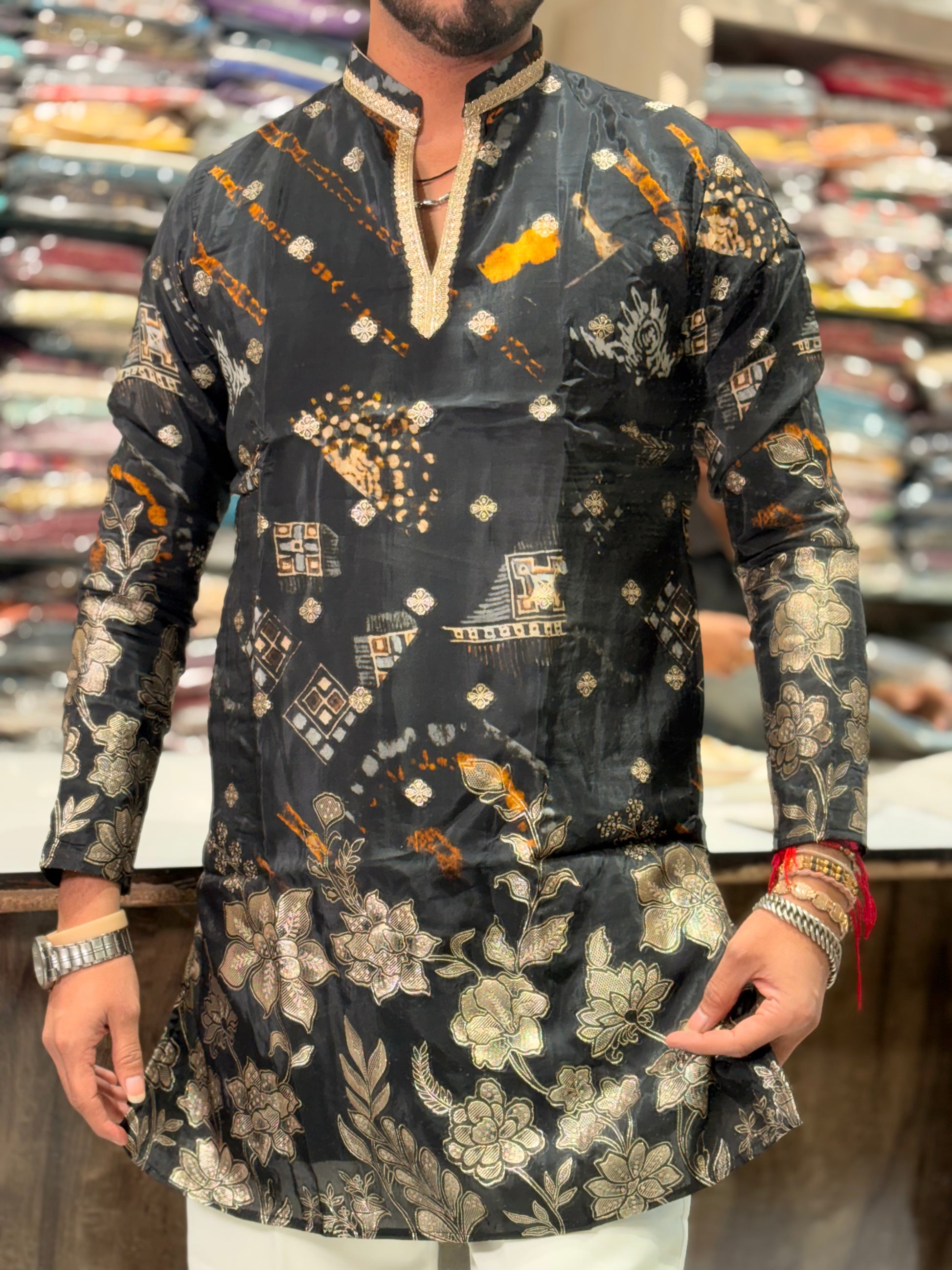 Premium Multicolour Printed & Embroidered Silk Kurta
