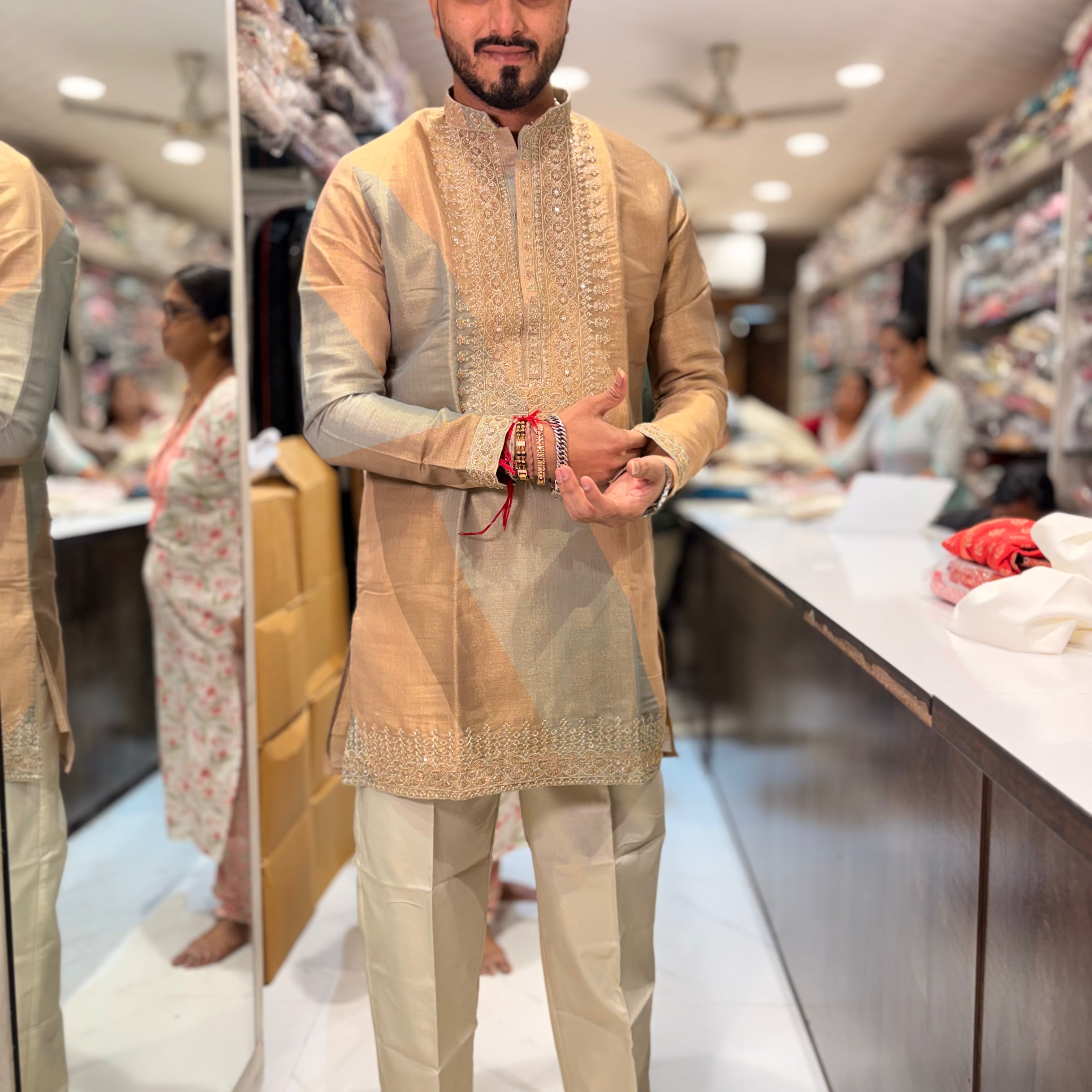 Premium Peach Gold Embroidered Silk Kurta