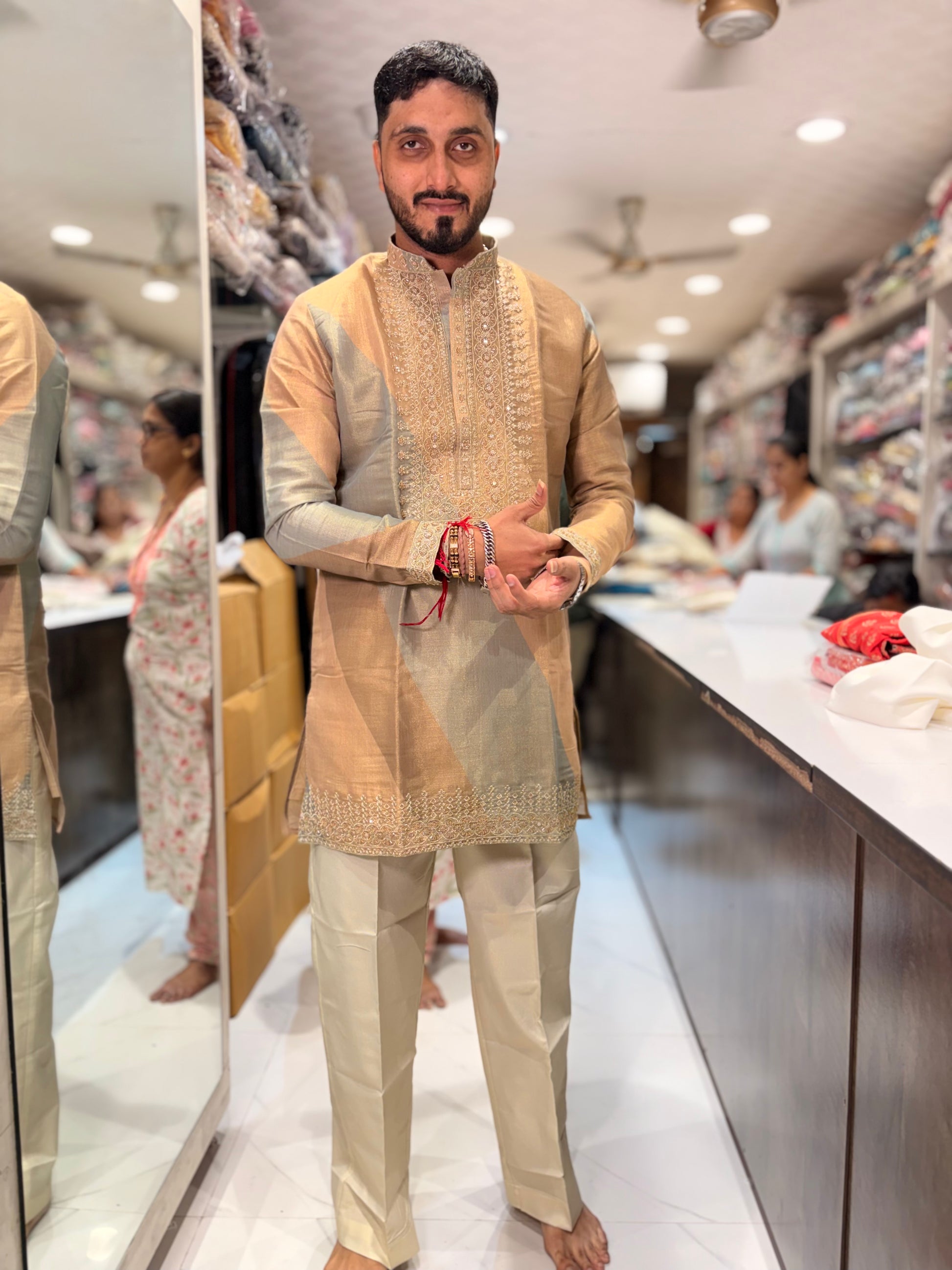 Premium Peach Gold Embroidered Silk Kurta