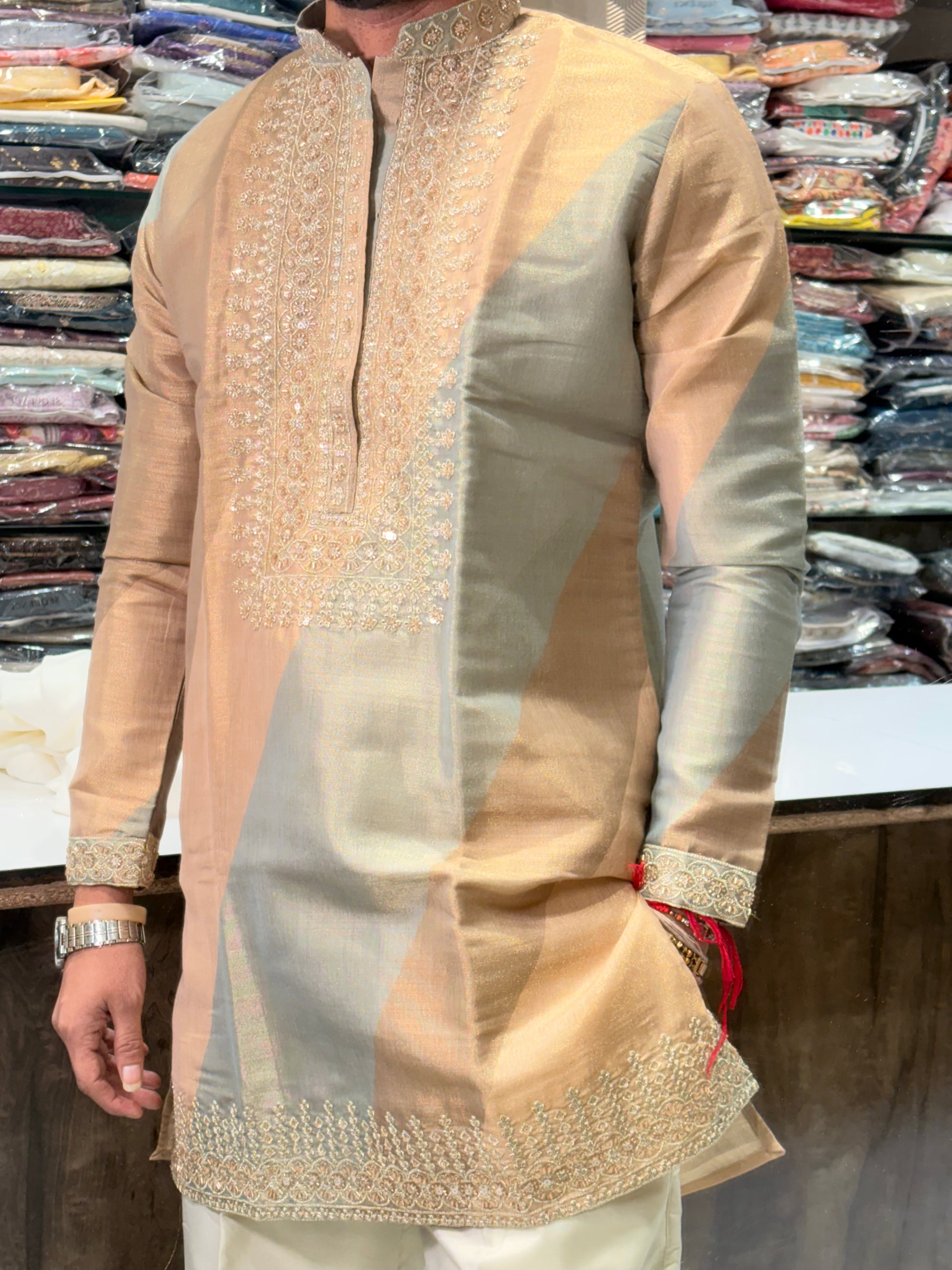 Premium Peach Gold Embroidered Silk Kurta