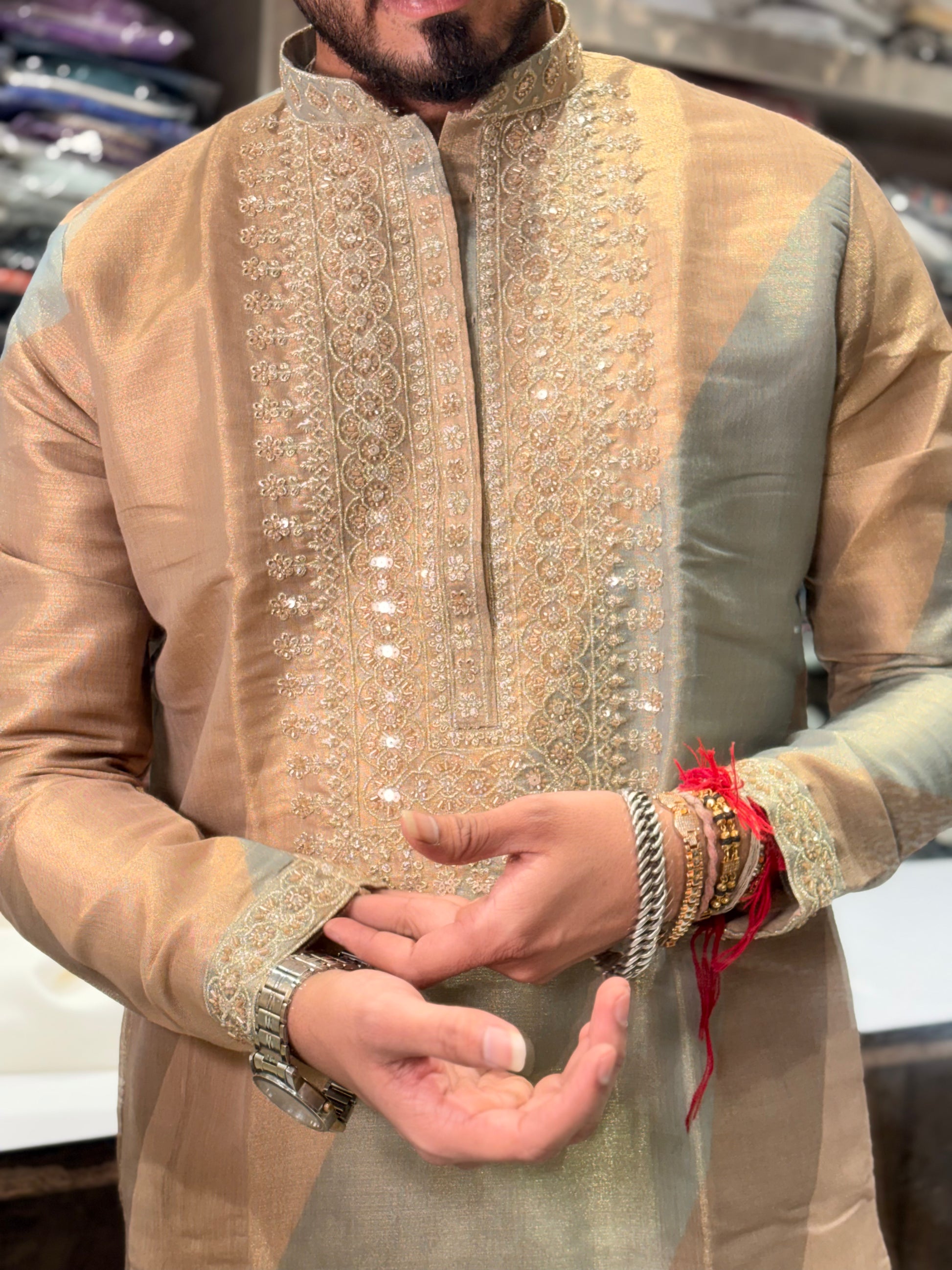 Premium Peach Gold Embroidered Silk Kurta