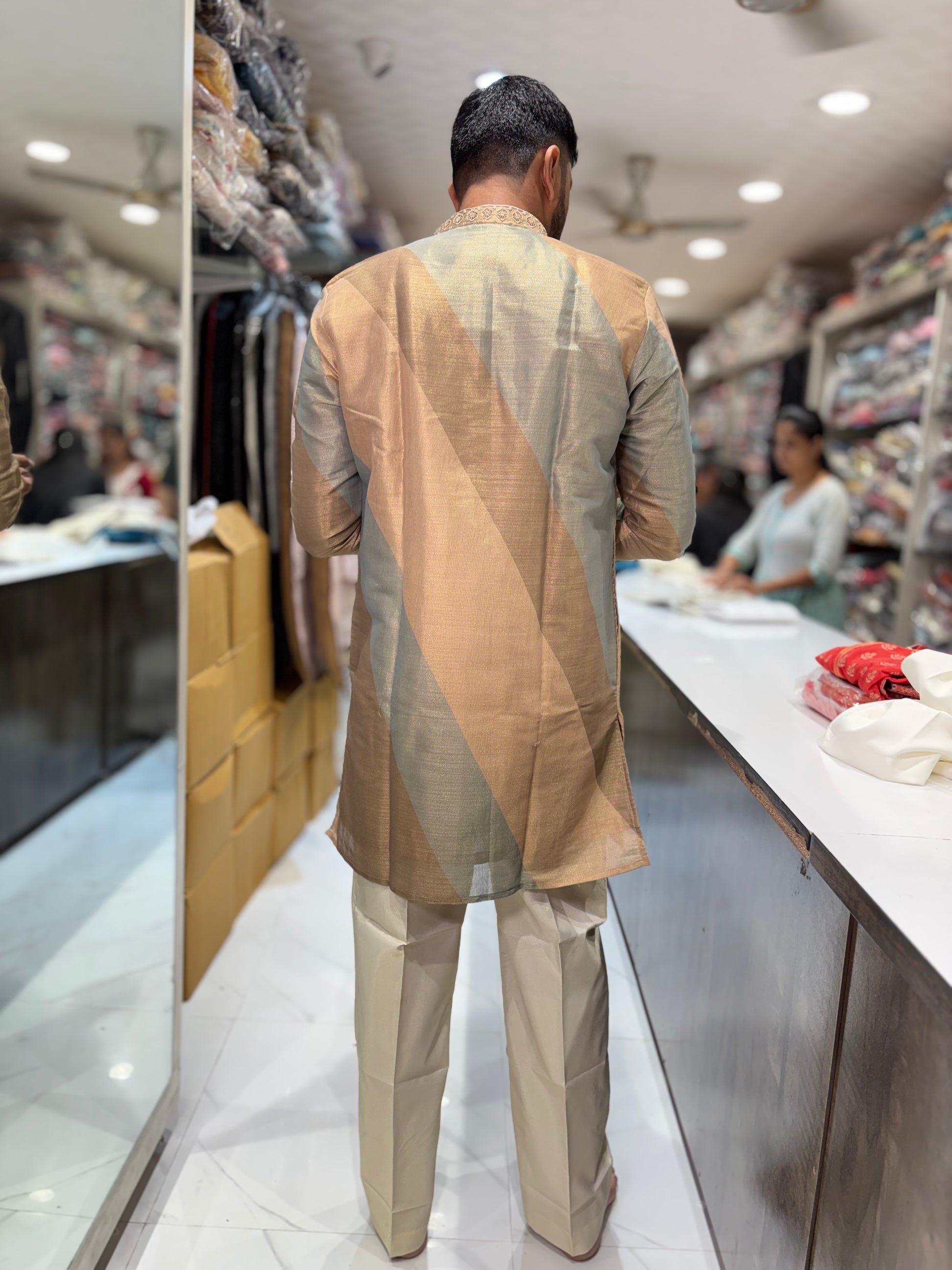 Premium Peach Gold Embroidered Silk Kurta