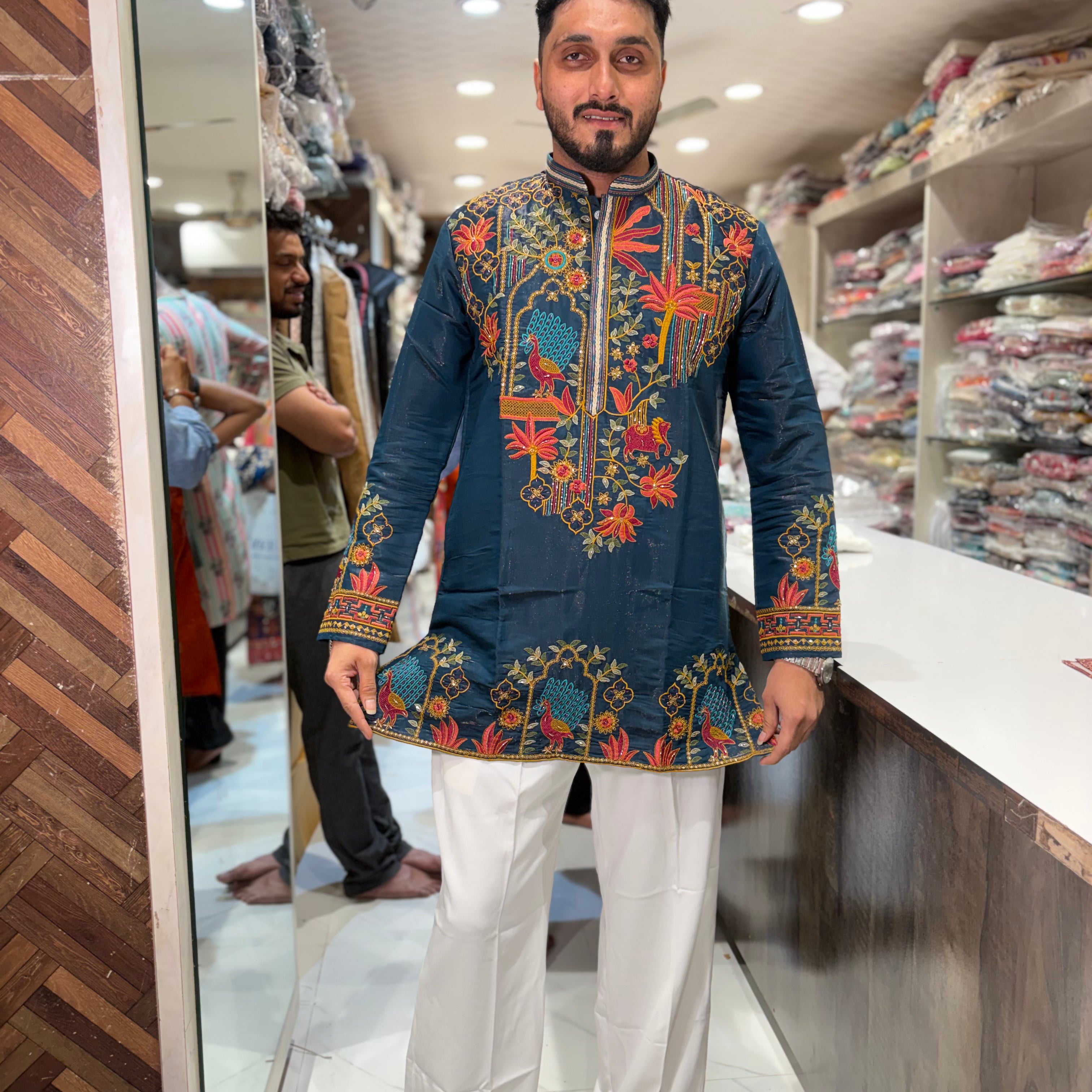 Premium Embroidered Silk Kurta – Peacock & Floral Handwork
