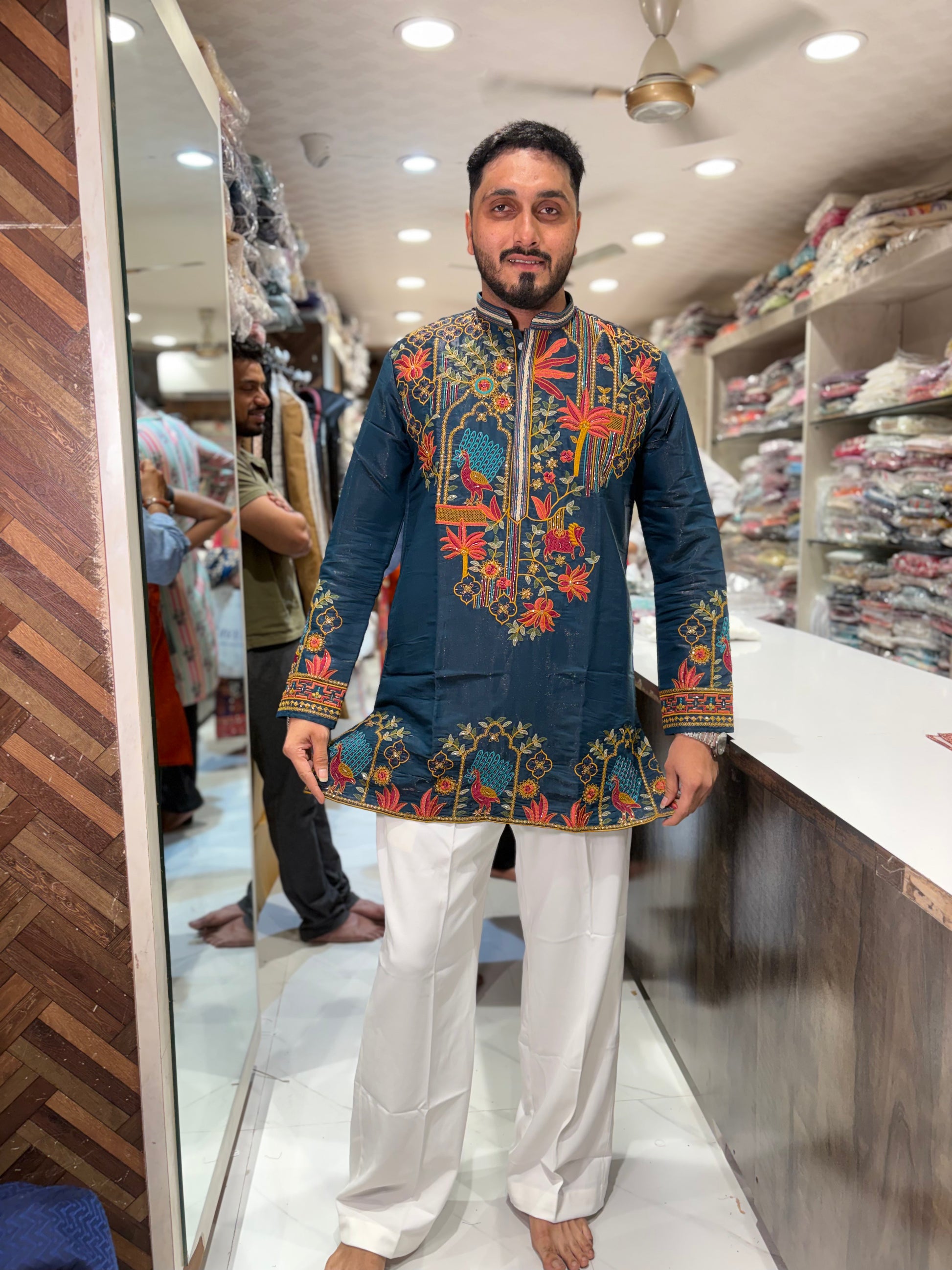 Premium Embroidered Silk Kurta – Peacock & Floral Handwork