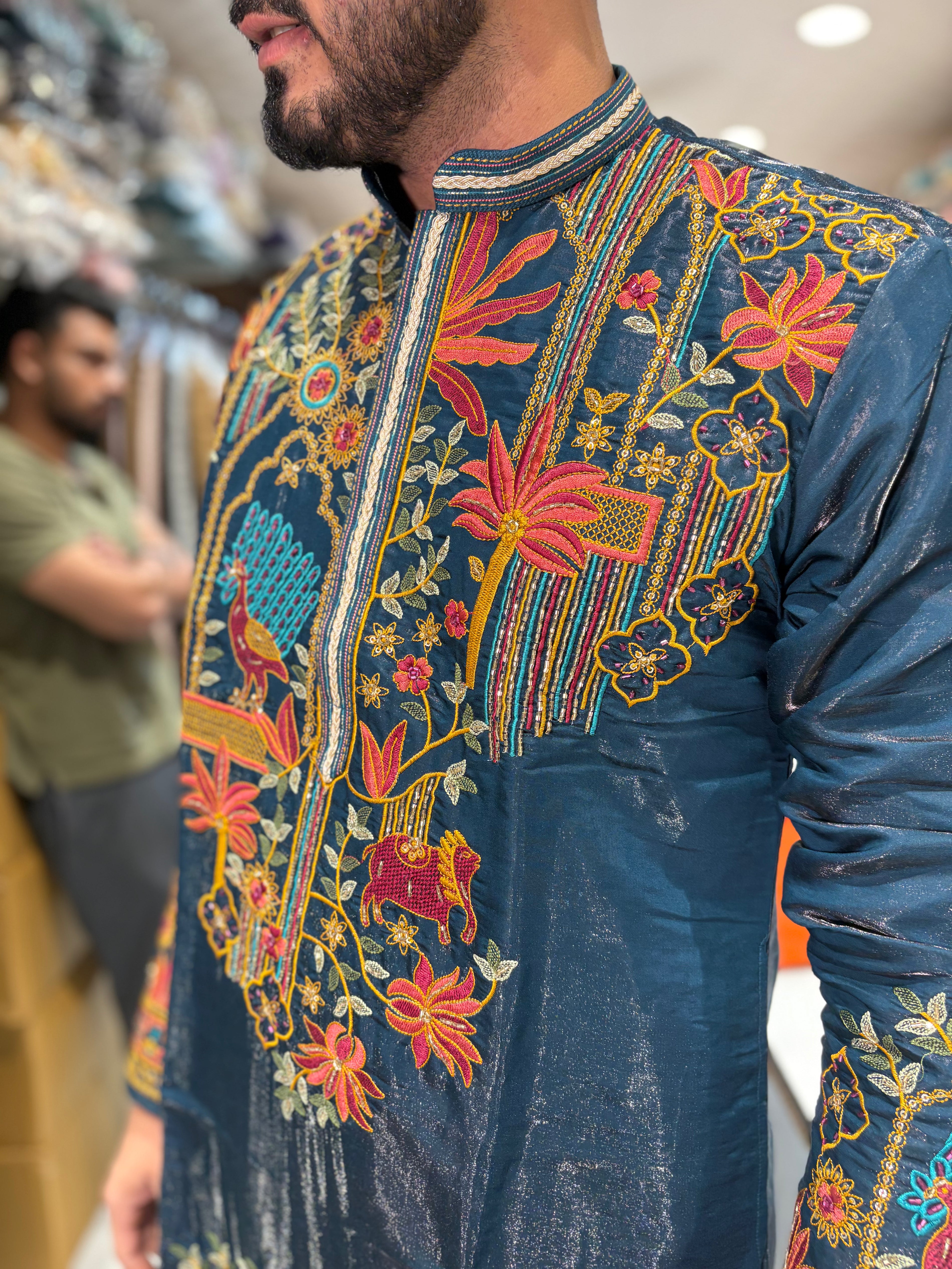 Premium Embroidered Silk Kurta – Peacock & Floral Handwork