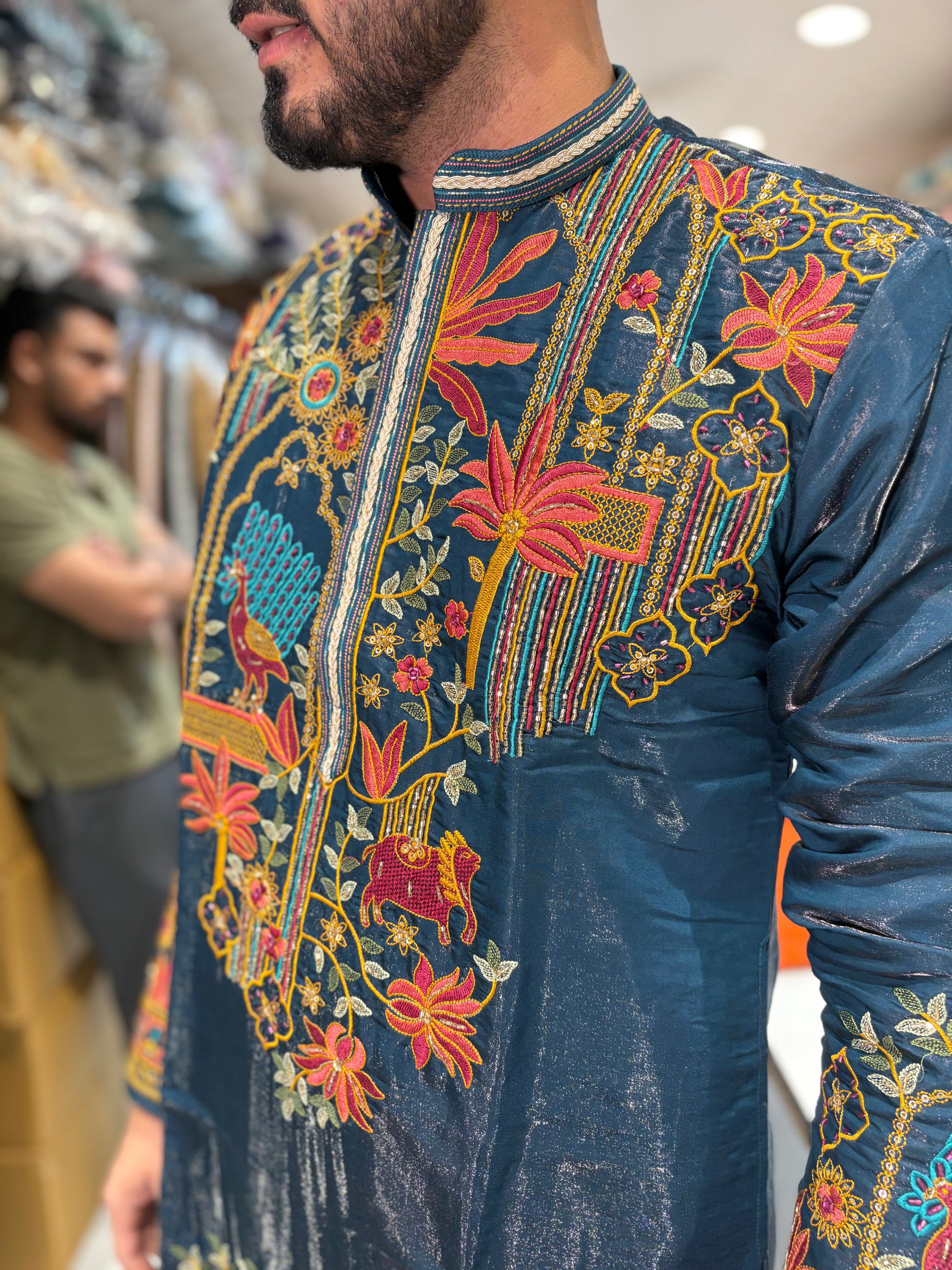 Premium Embroidered Silk Kurta – Peacock & Floral Handwork