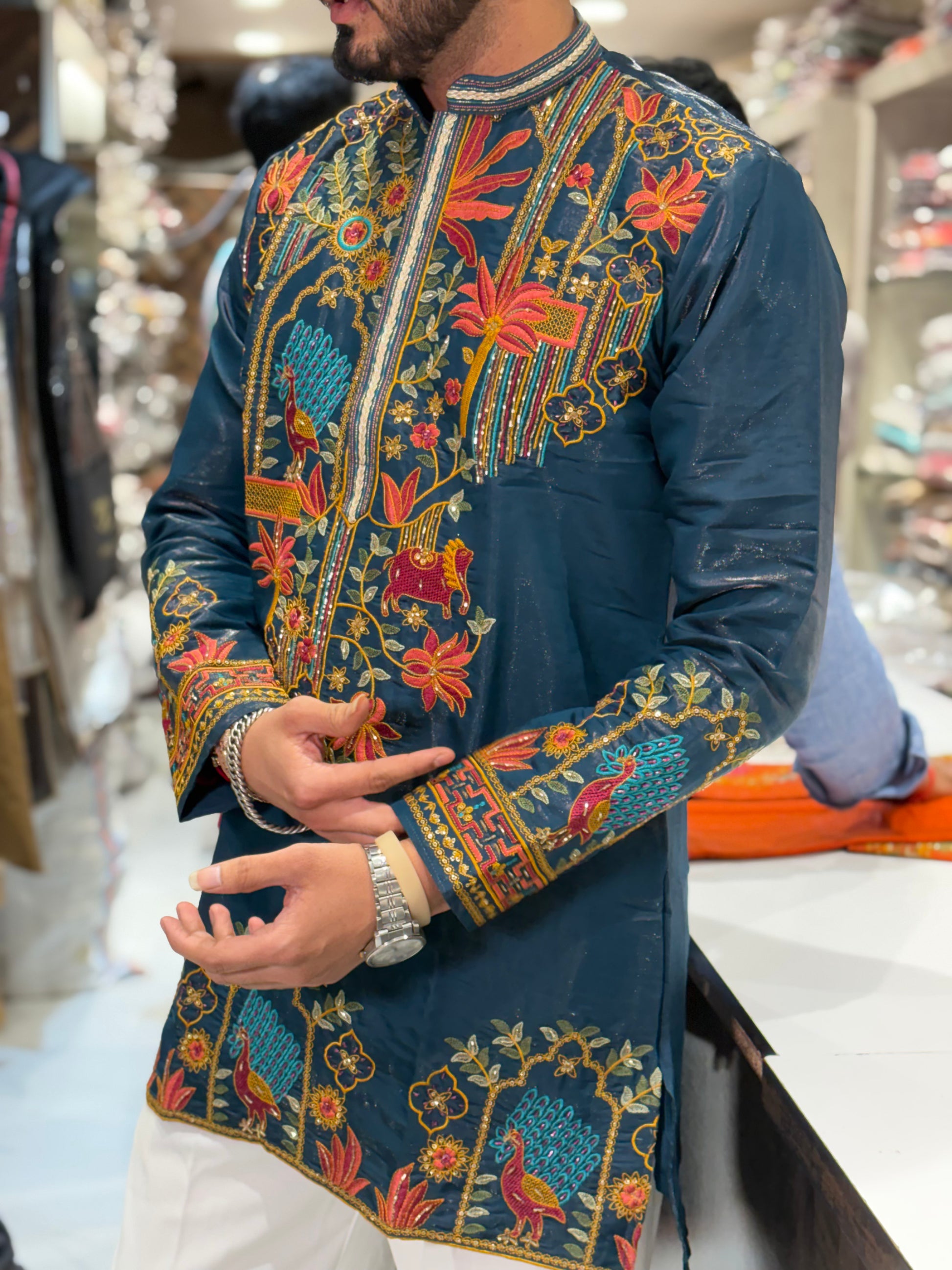 Premium Embroidered Silk Kurta – Peacock & Floral Handwork