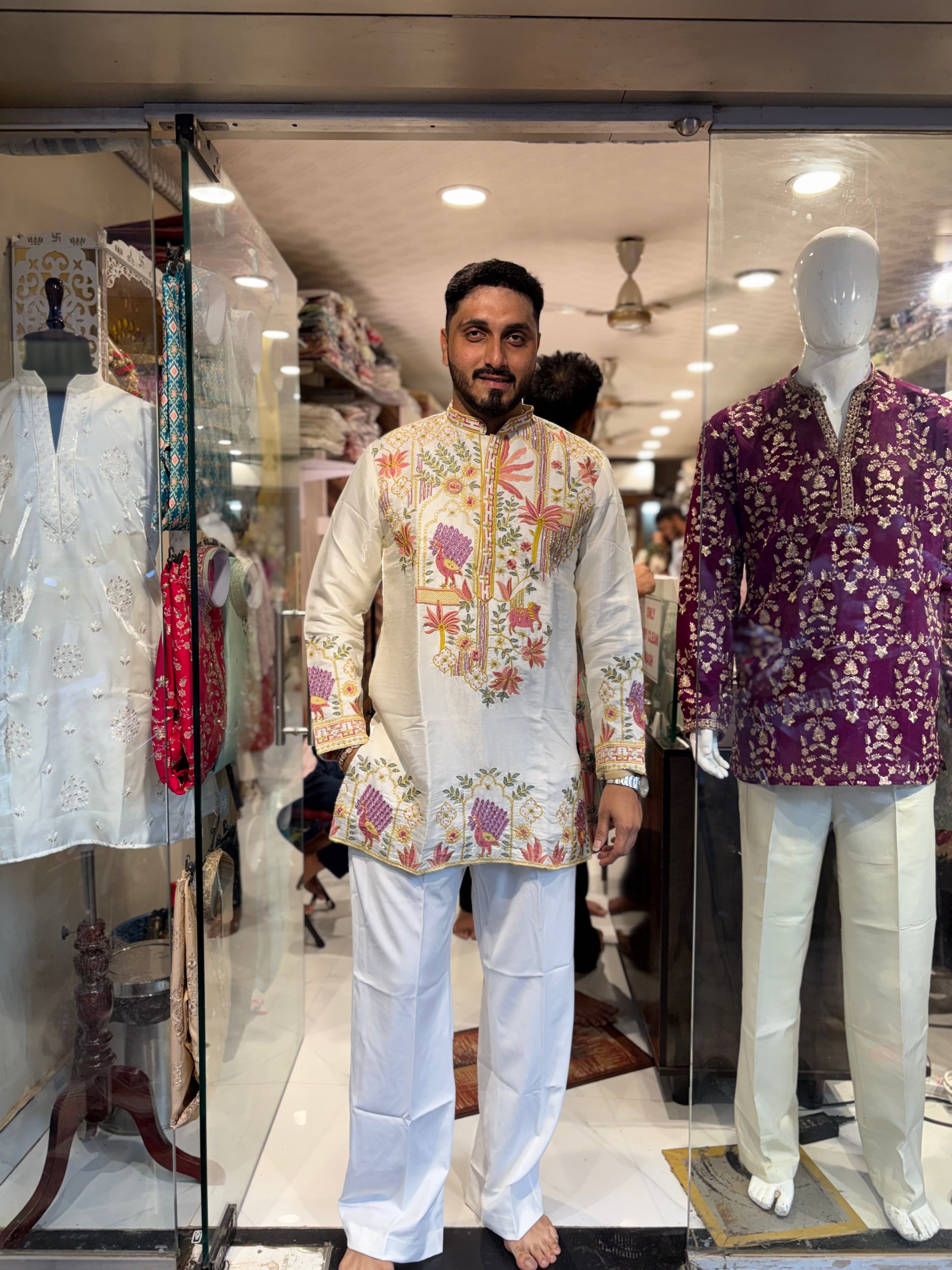Premium Embroidered Silk Kurta – Peacock & Floral Handwork