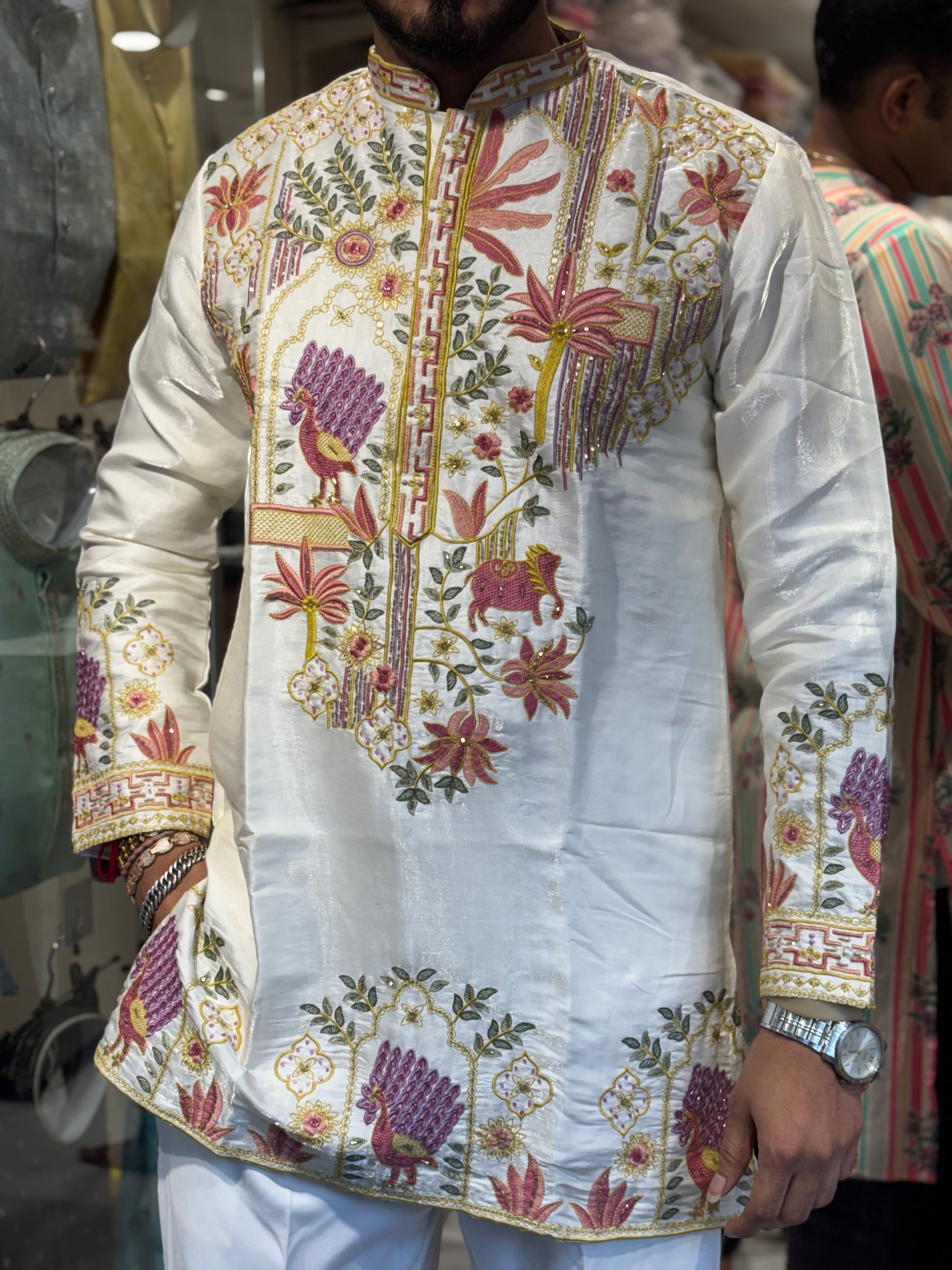 Premium Embroidered Silk Kurta – Peacock & Floral Handwork