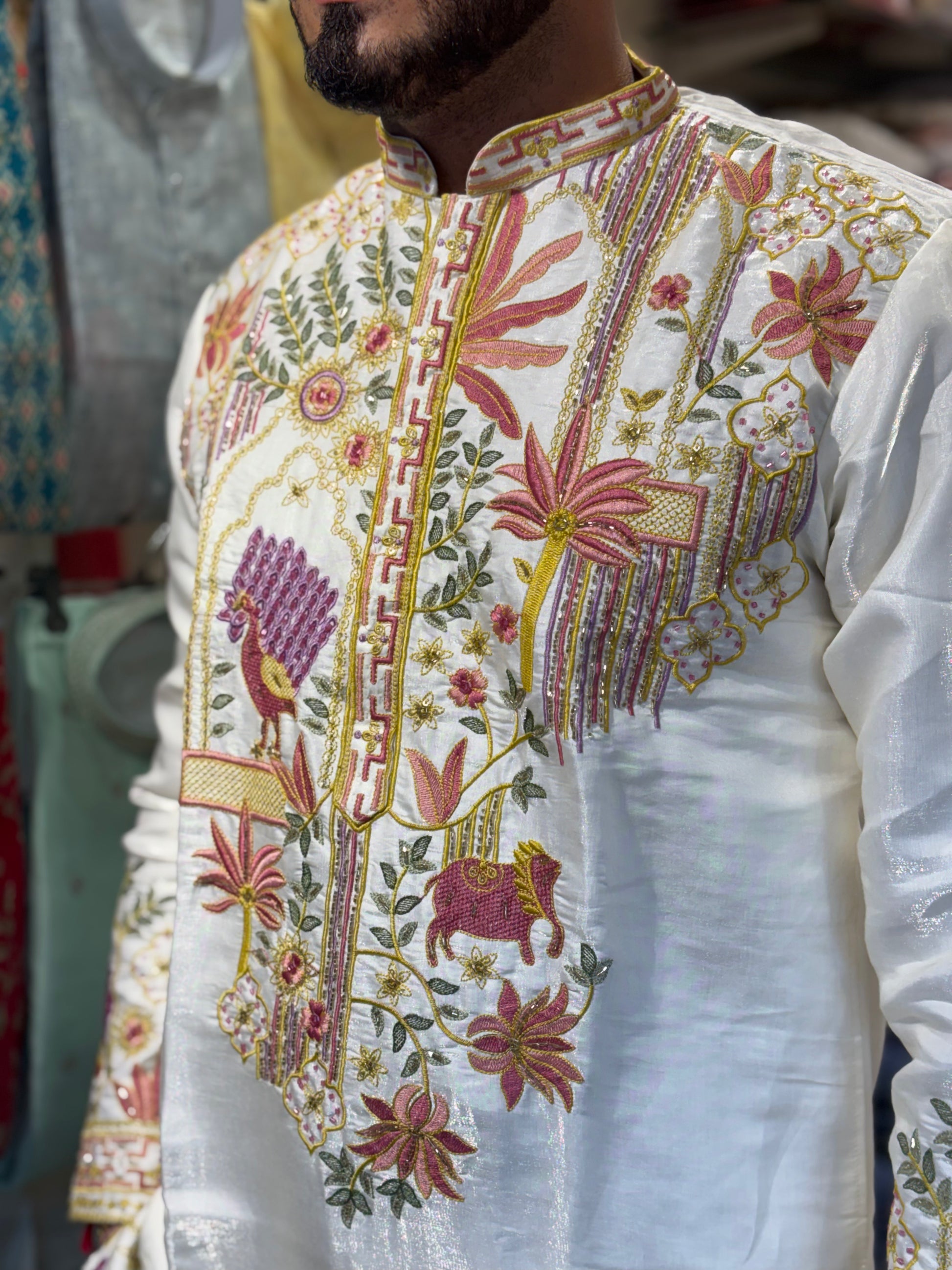 Premium Embroidered Silk Kurta – Peacock & Floral Handwork