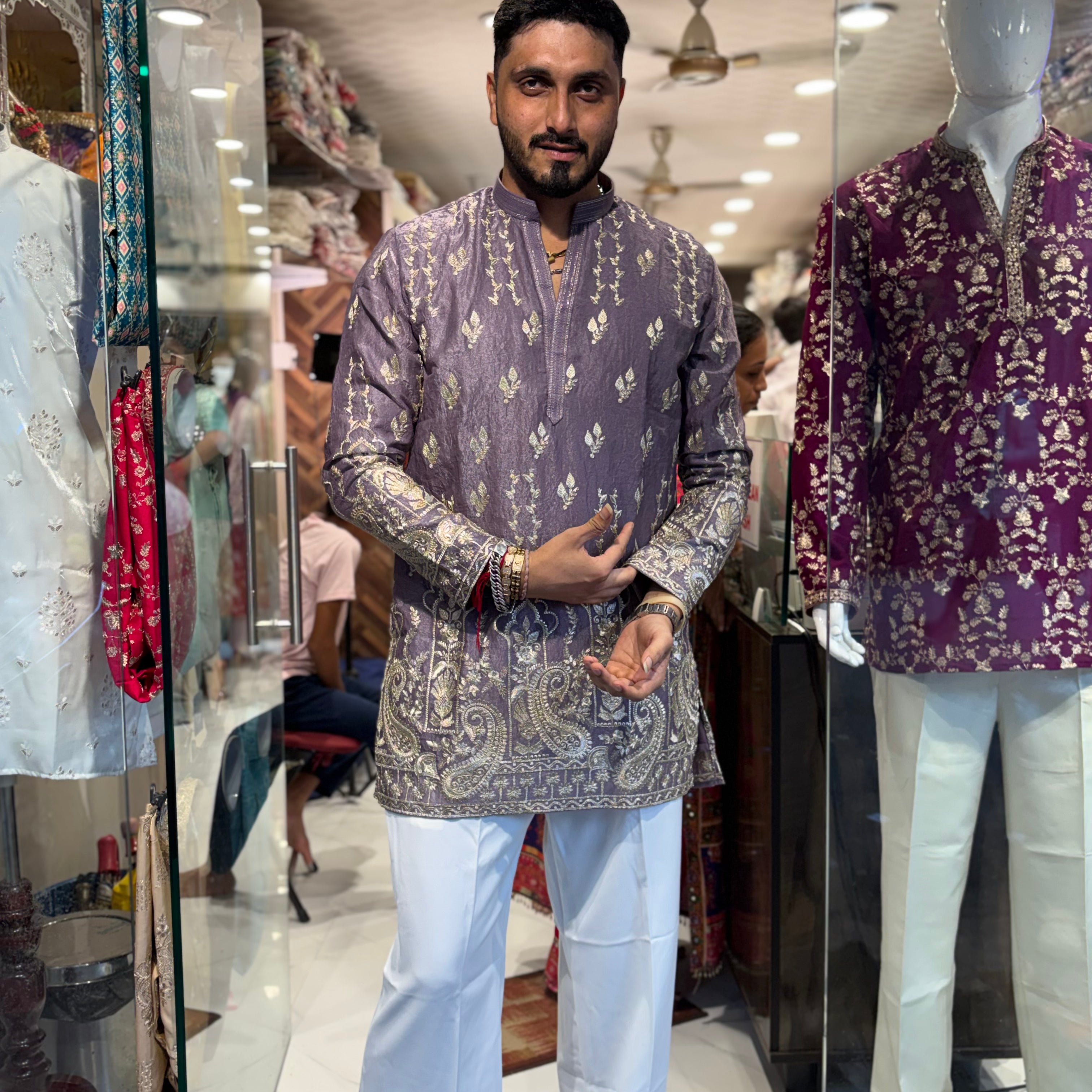 Premium Antique Gold Embroidered Tissue Silk Kurta