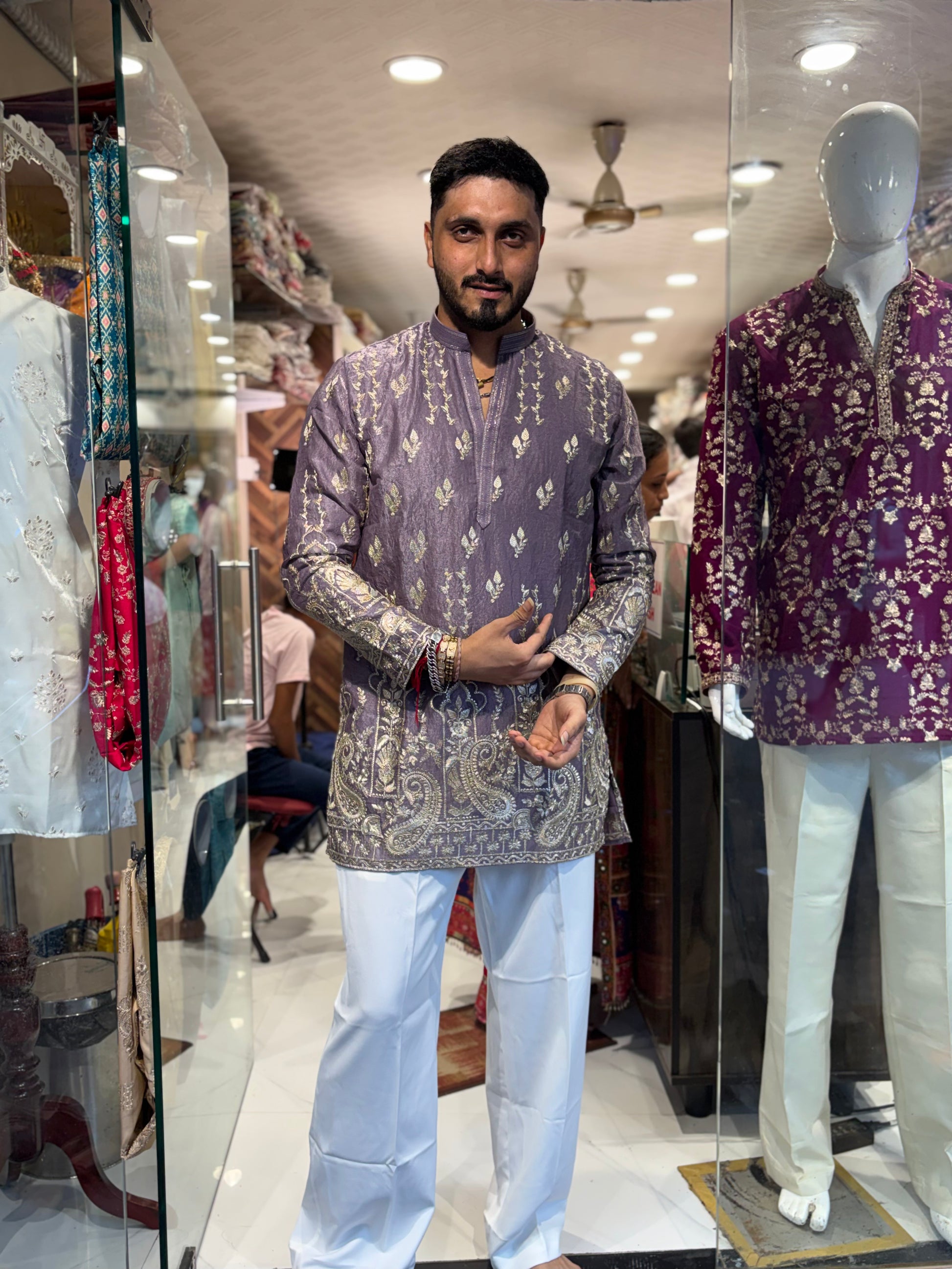 Premium Antique Gold Embroidered Tissue Silk Kurta