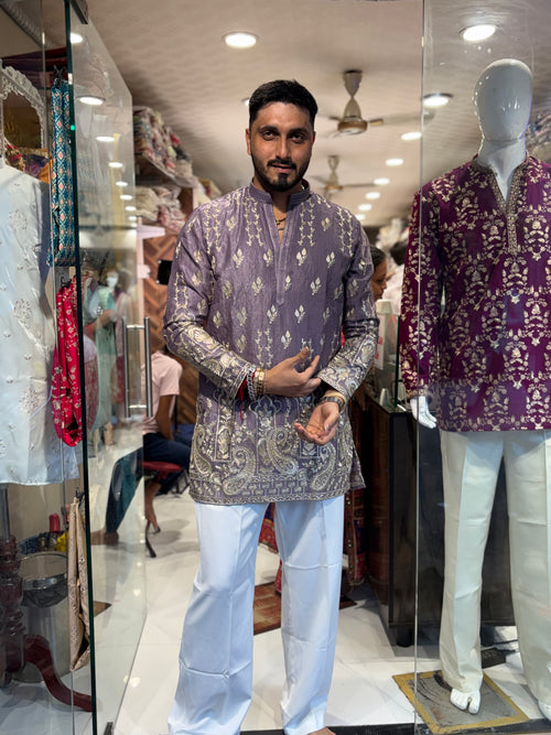 Premium Antique Gold Embroidered Tissue Silk Kurta
