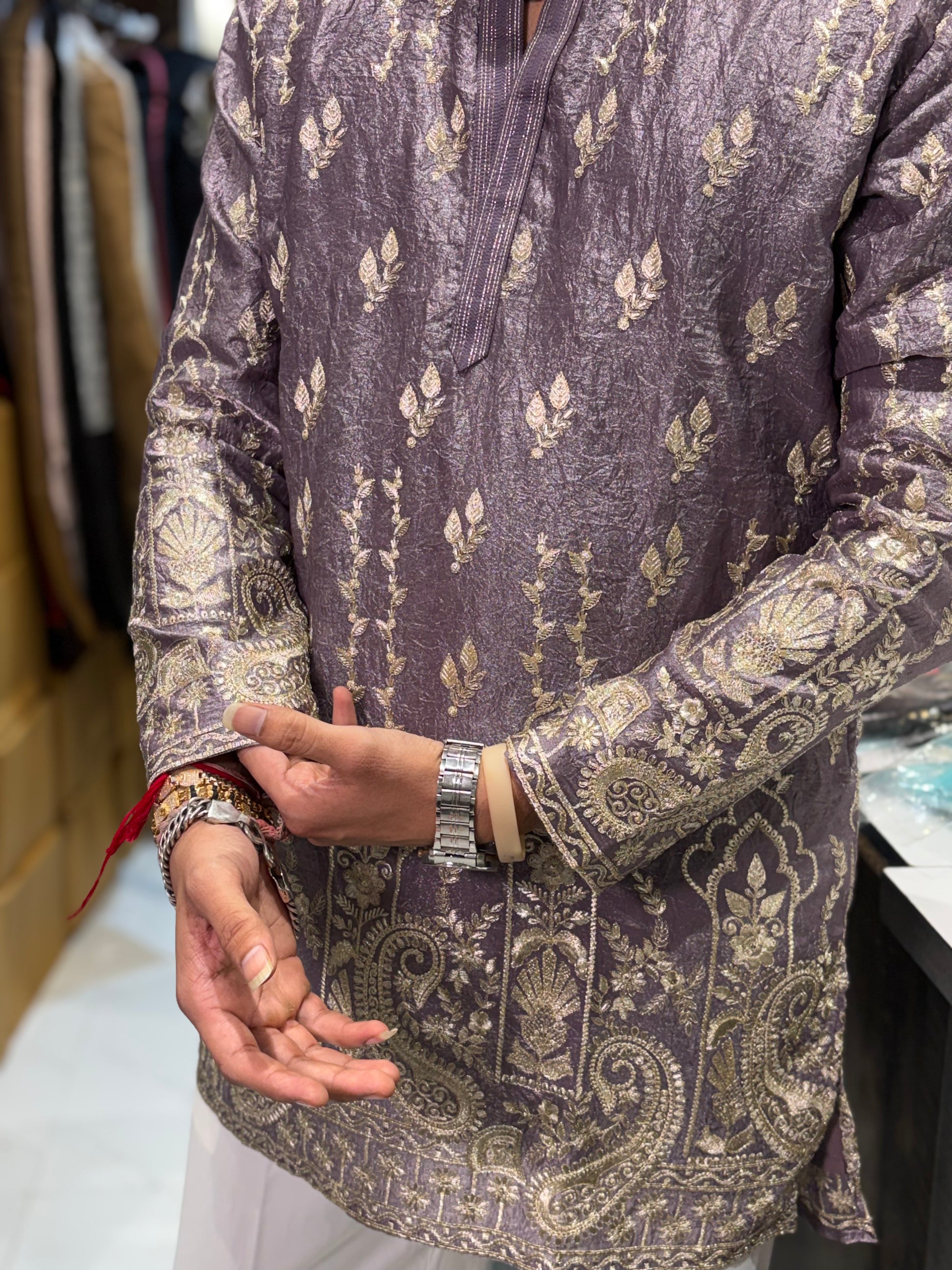 Premium Antique Gold Embroidered Tissue Silk Kurta