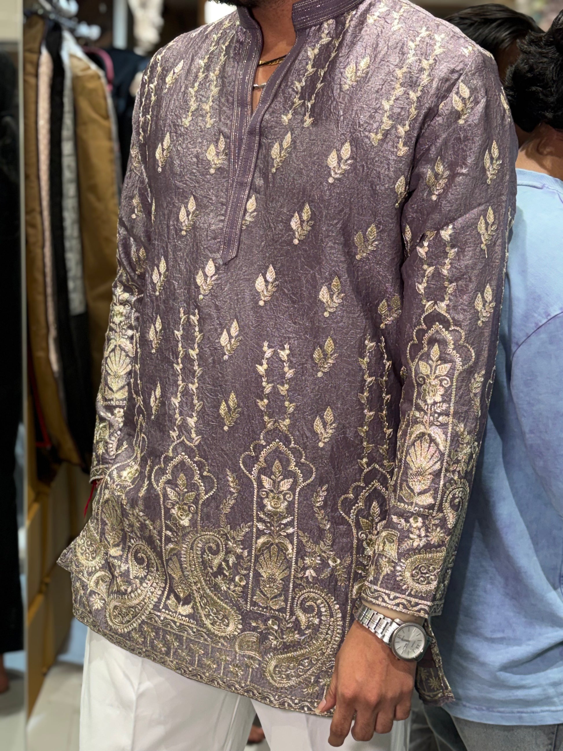 Premium Antique Gold Embroidered Tissue Silk Kurta