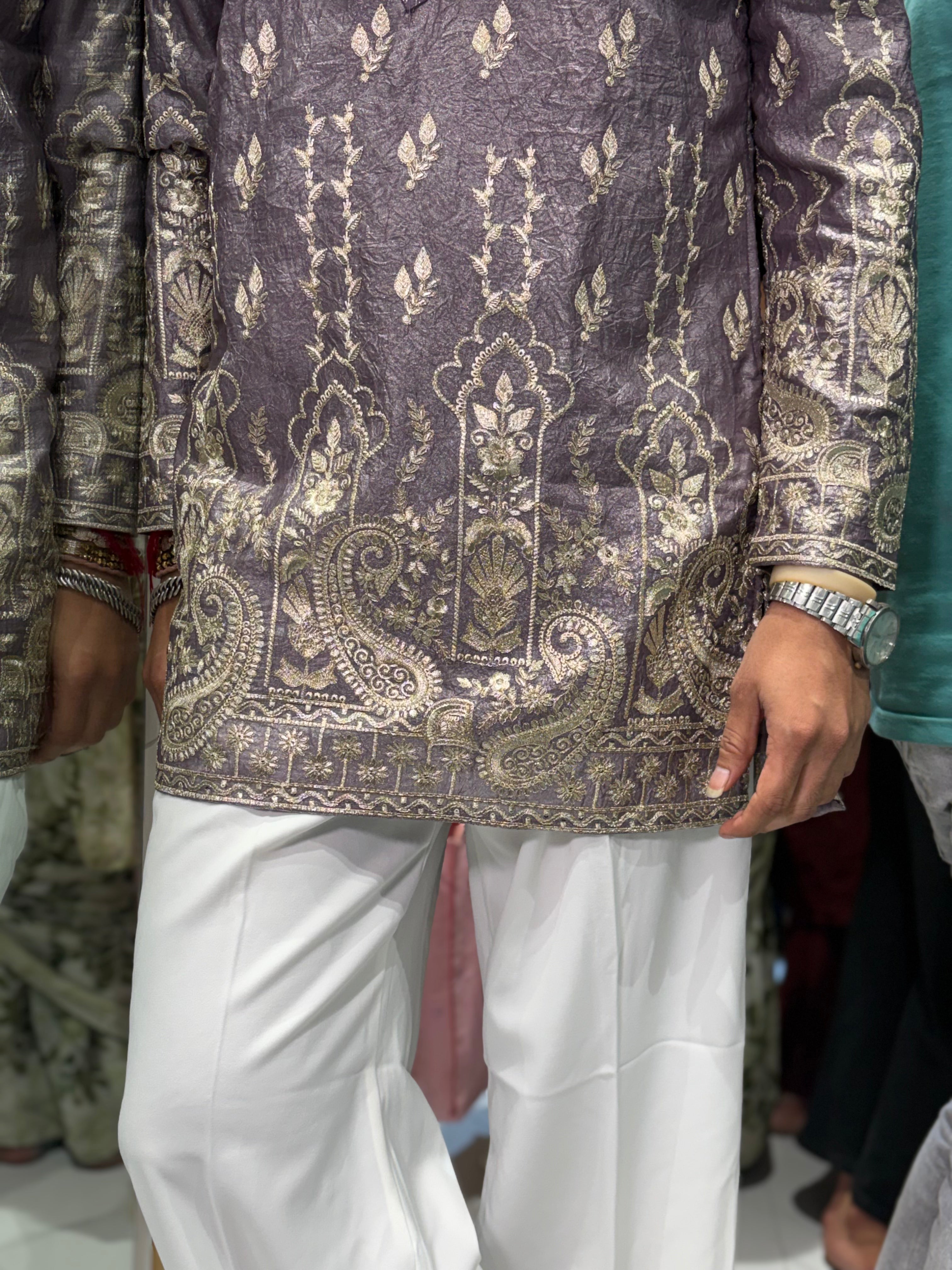 Premium Antique Gold Embroidered Tissue Silk Kurta