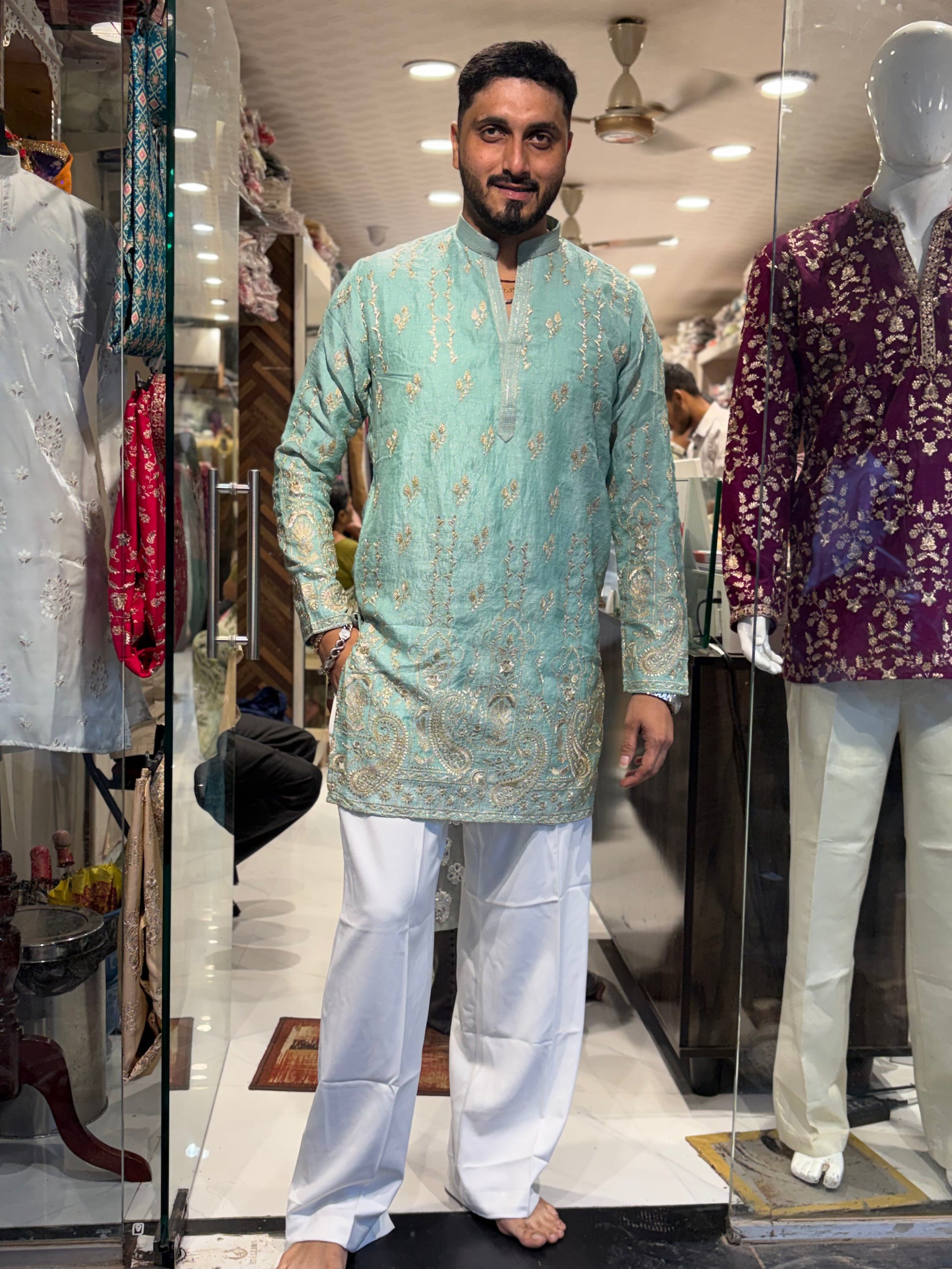 Premium Antique Gold Embroidered Tissue Silk Kurta