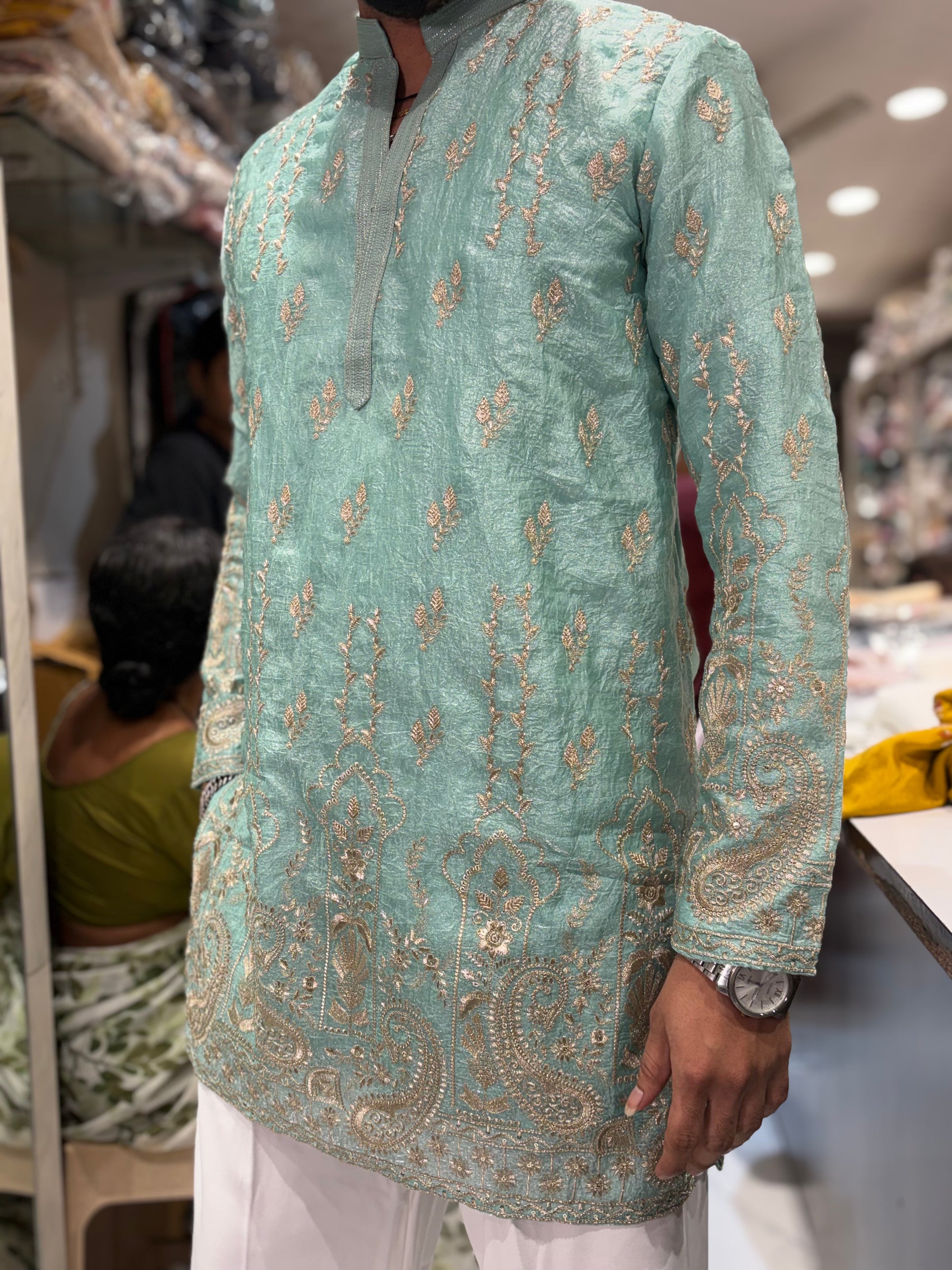 Premium Antique Gold Embroidered Tissue Silk Kurta