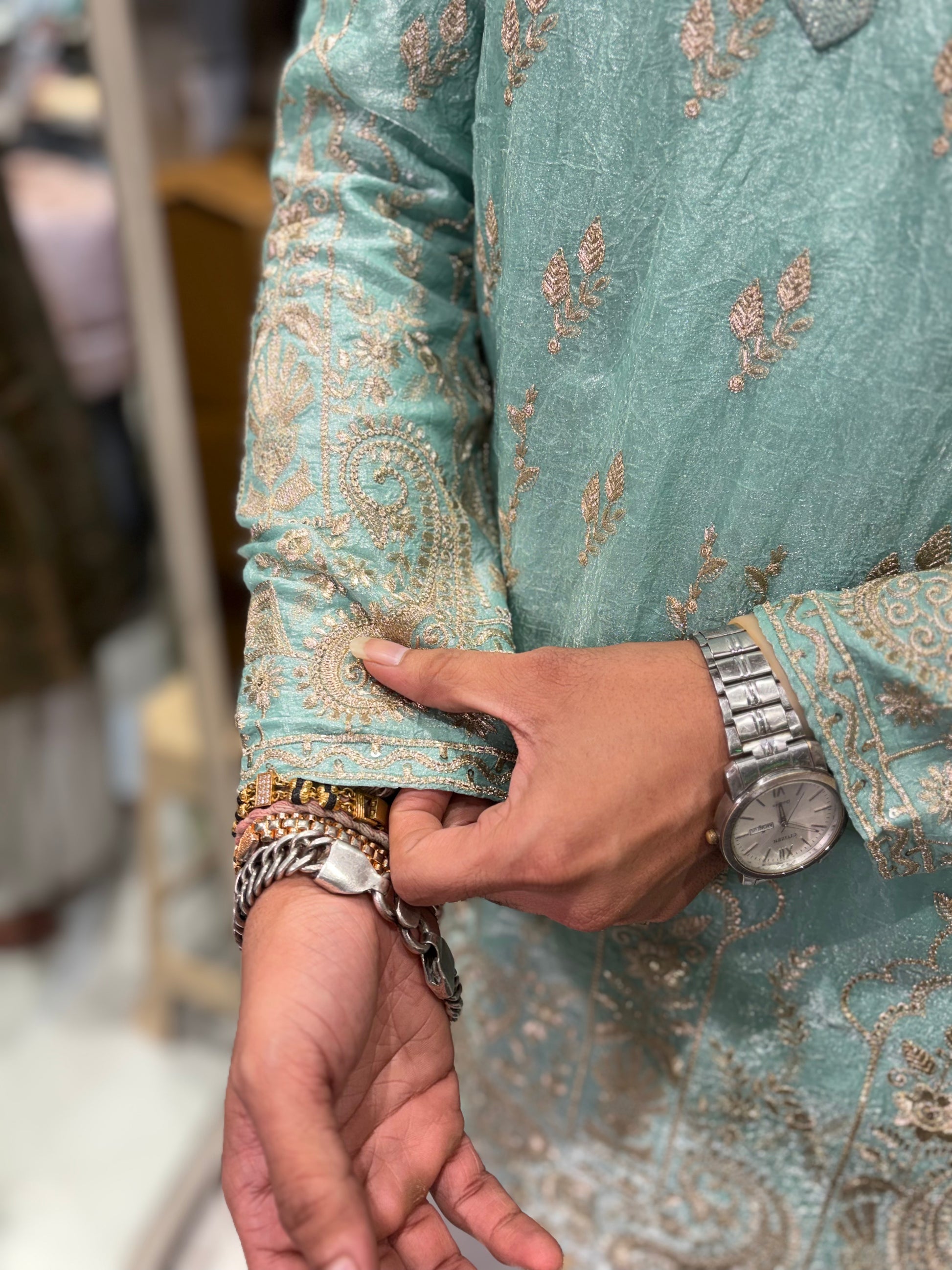 Premium Antique Gold Embroidered Tissue Silk Kurta