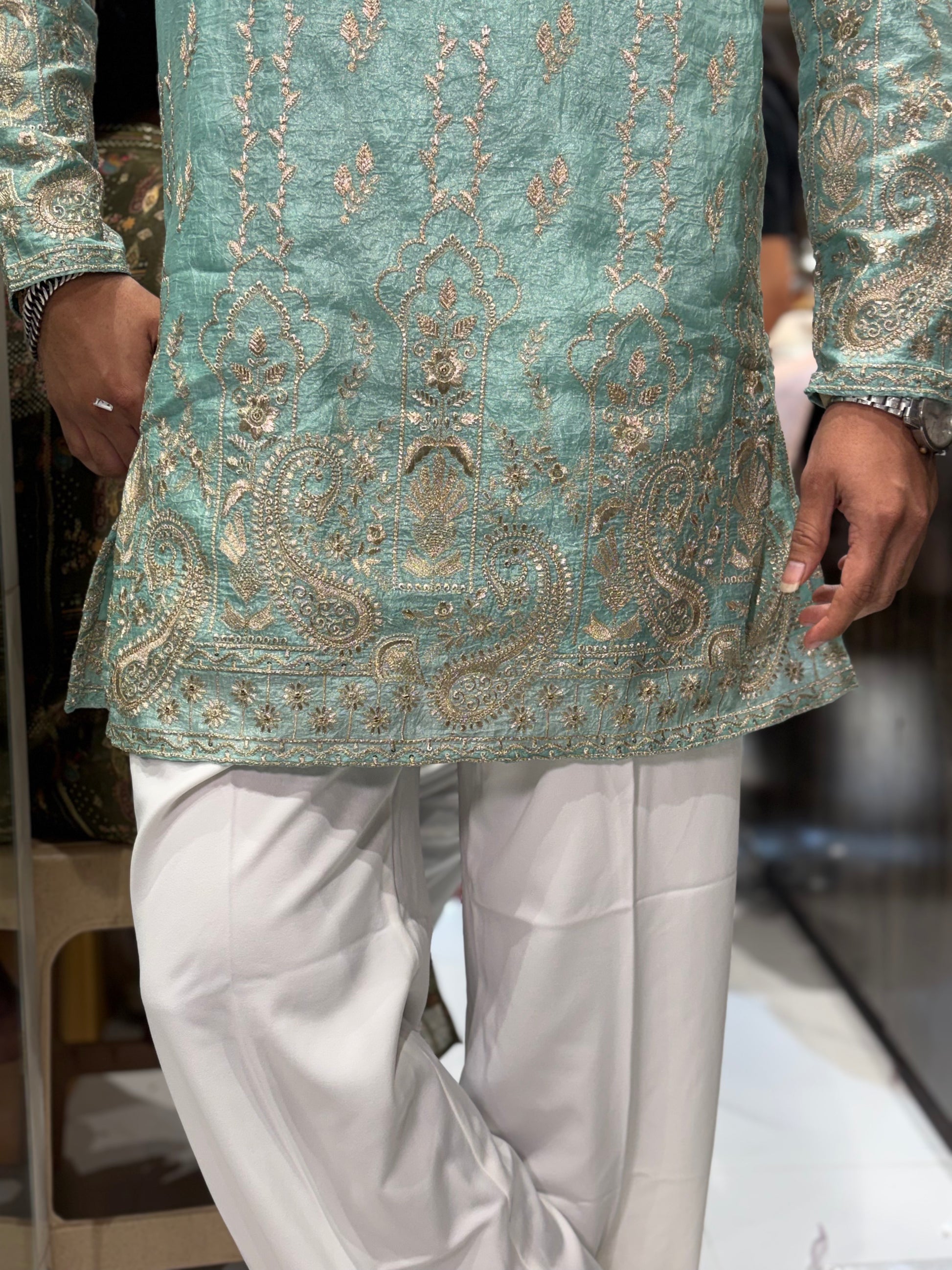 Premium Antique Gold Embroidered Tissue Silk Kurta