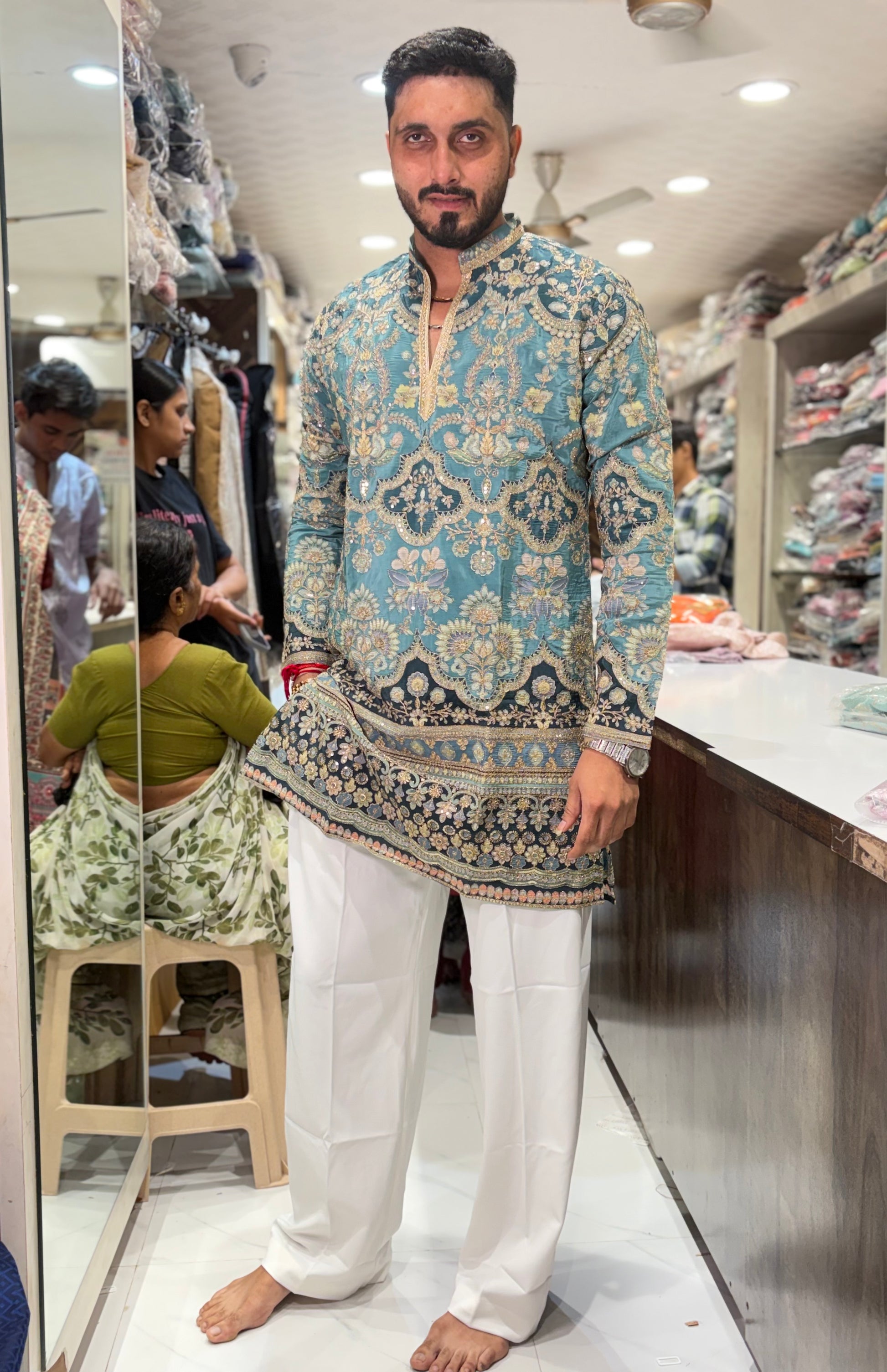 Men's Fully Embroidered Floral Daman Work V-Neck Short Kurta | Tulsiya