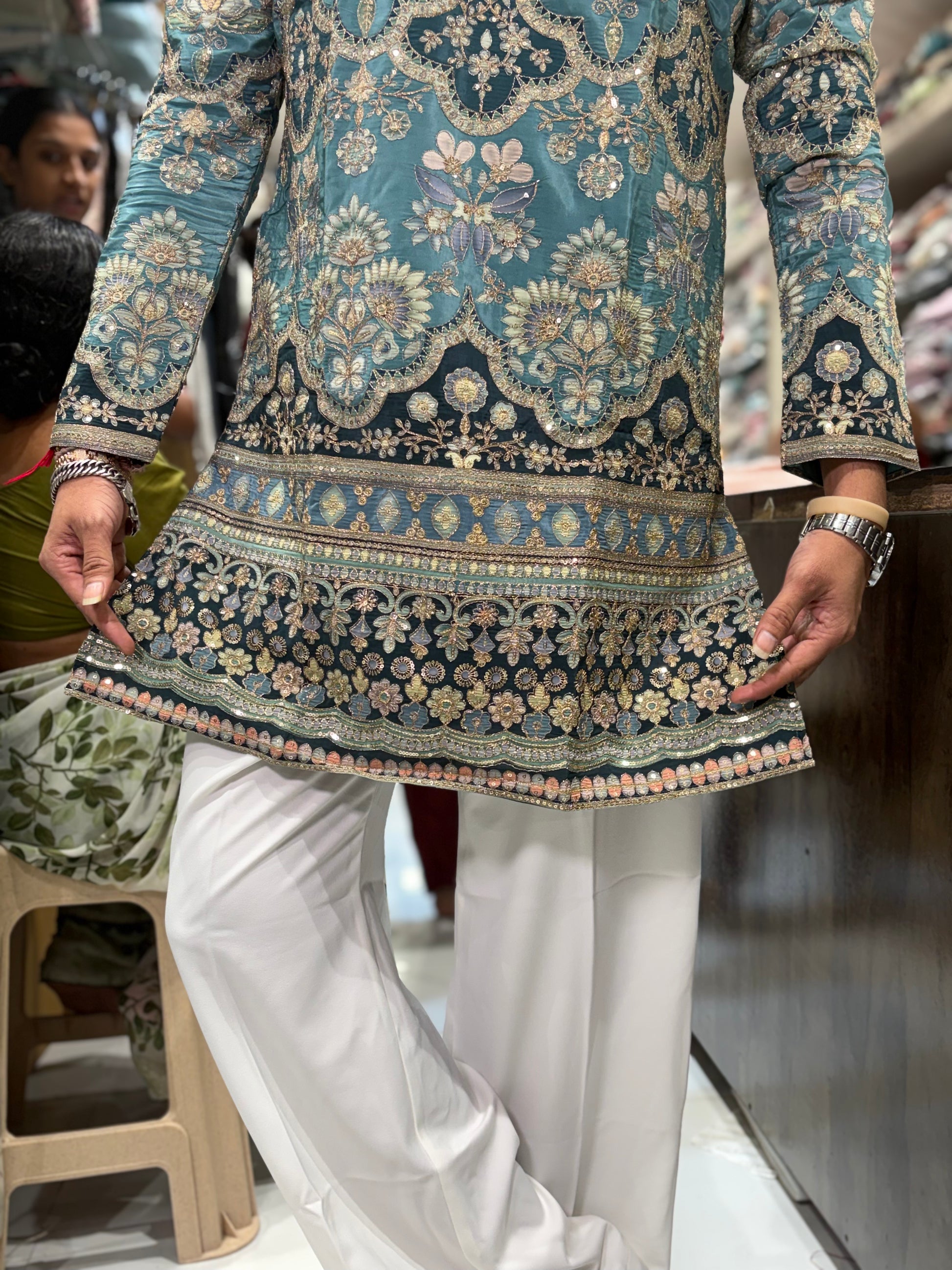 Men's Fully Embroidered Floral Daman Work V-Neck Short Kurta | Tulsiya