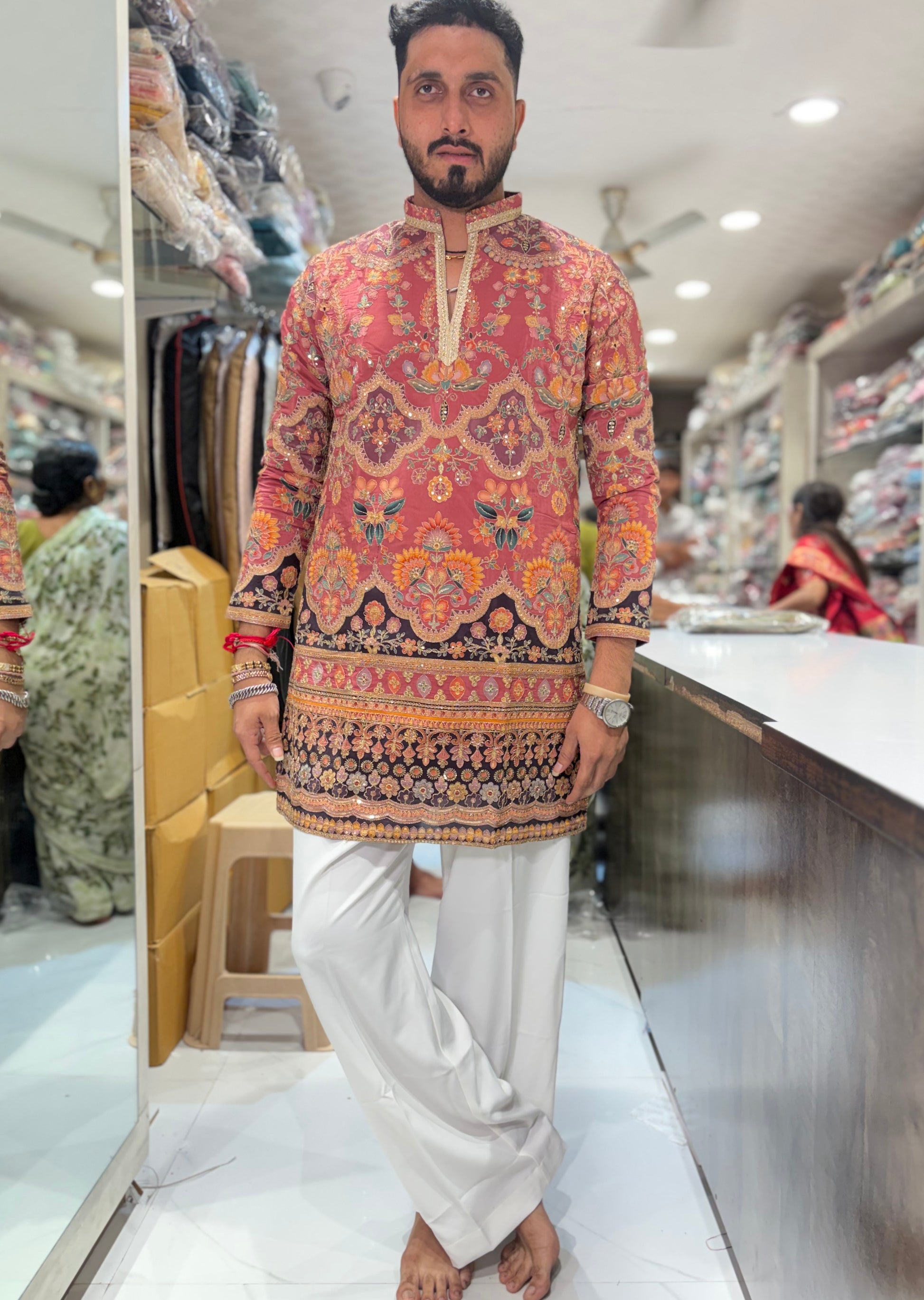 Men's Fully Embroidered Floral Daman Work V-Neck Short Kurta | Tulsiya
