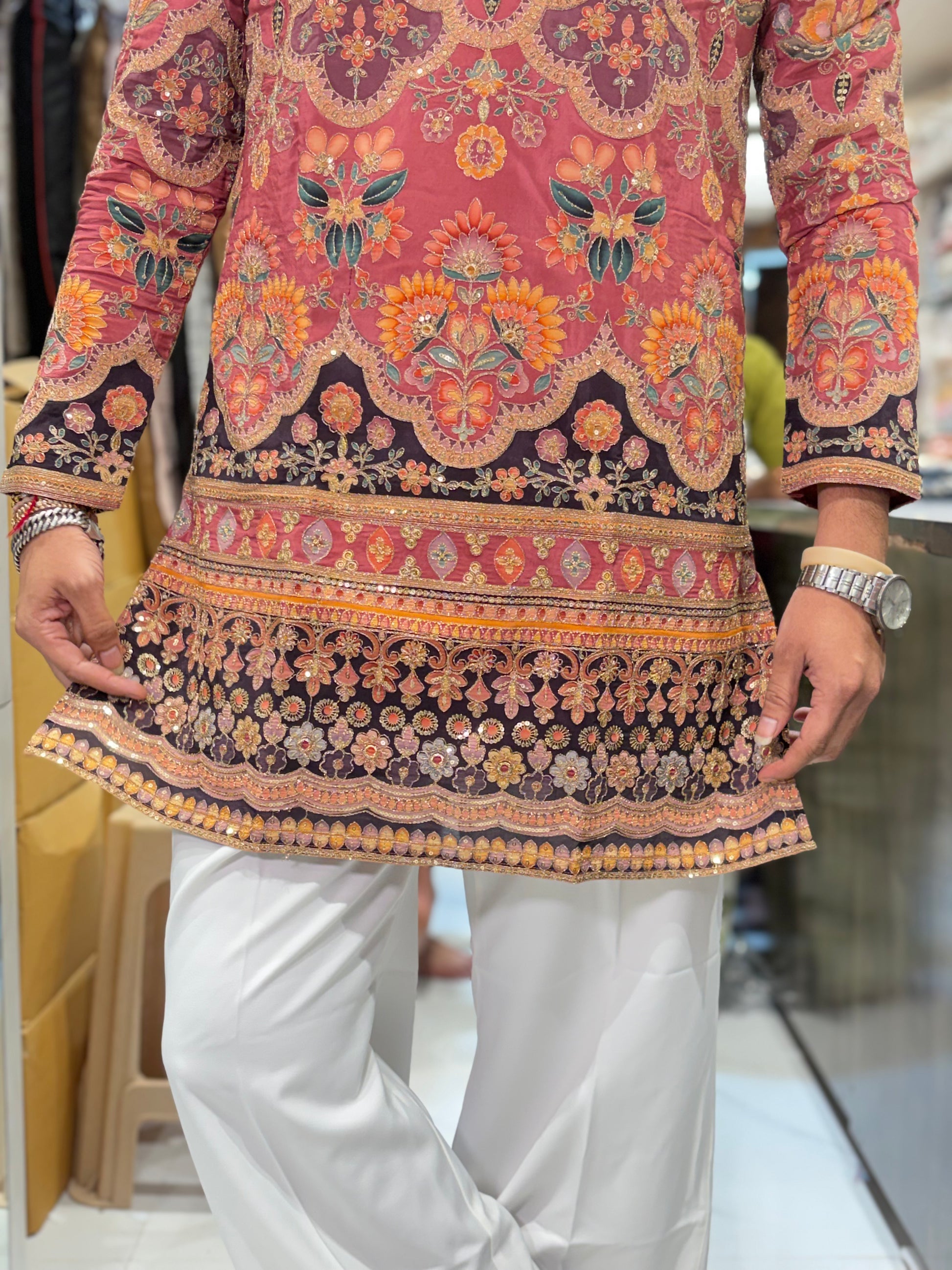 Men's Fully Embroidered Floral Daman Work V-Neck Short Kurta | Tulsiya