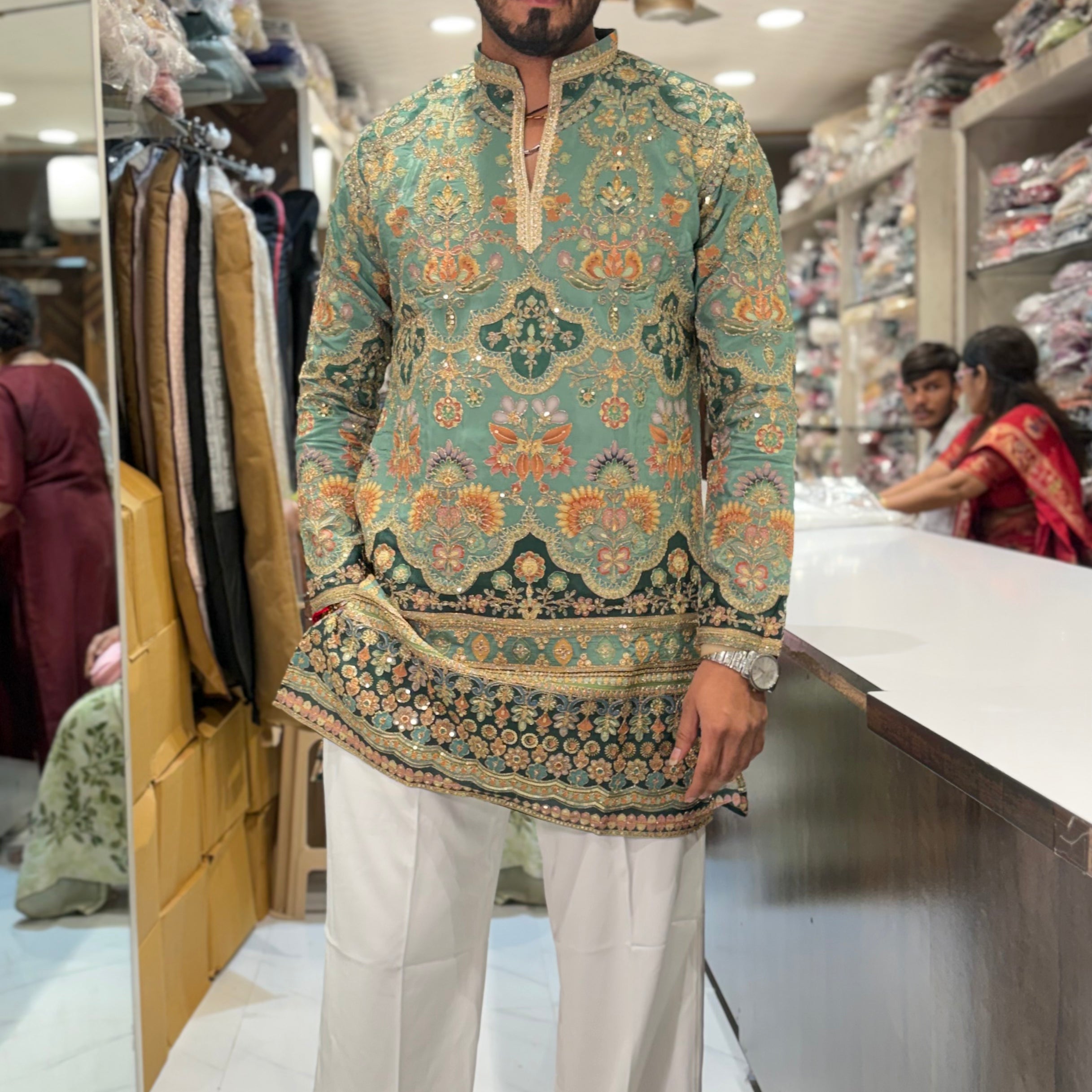 Men's Fully Embroidered Floral Daman Work V-Neck Short Kurta | Tulsiya