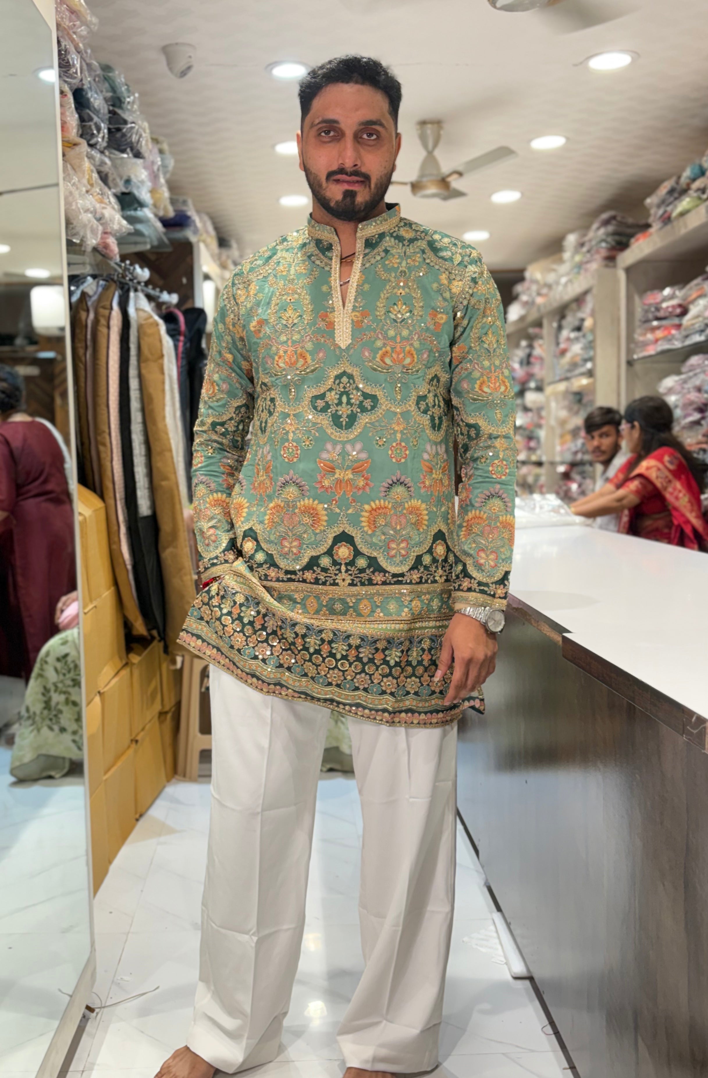 Men's Fully Embroidered Floral Daman Work V-Neck Short Kurta | Tulsiya