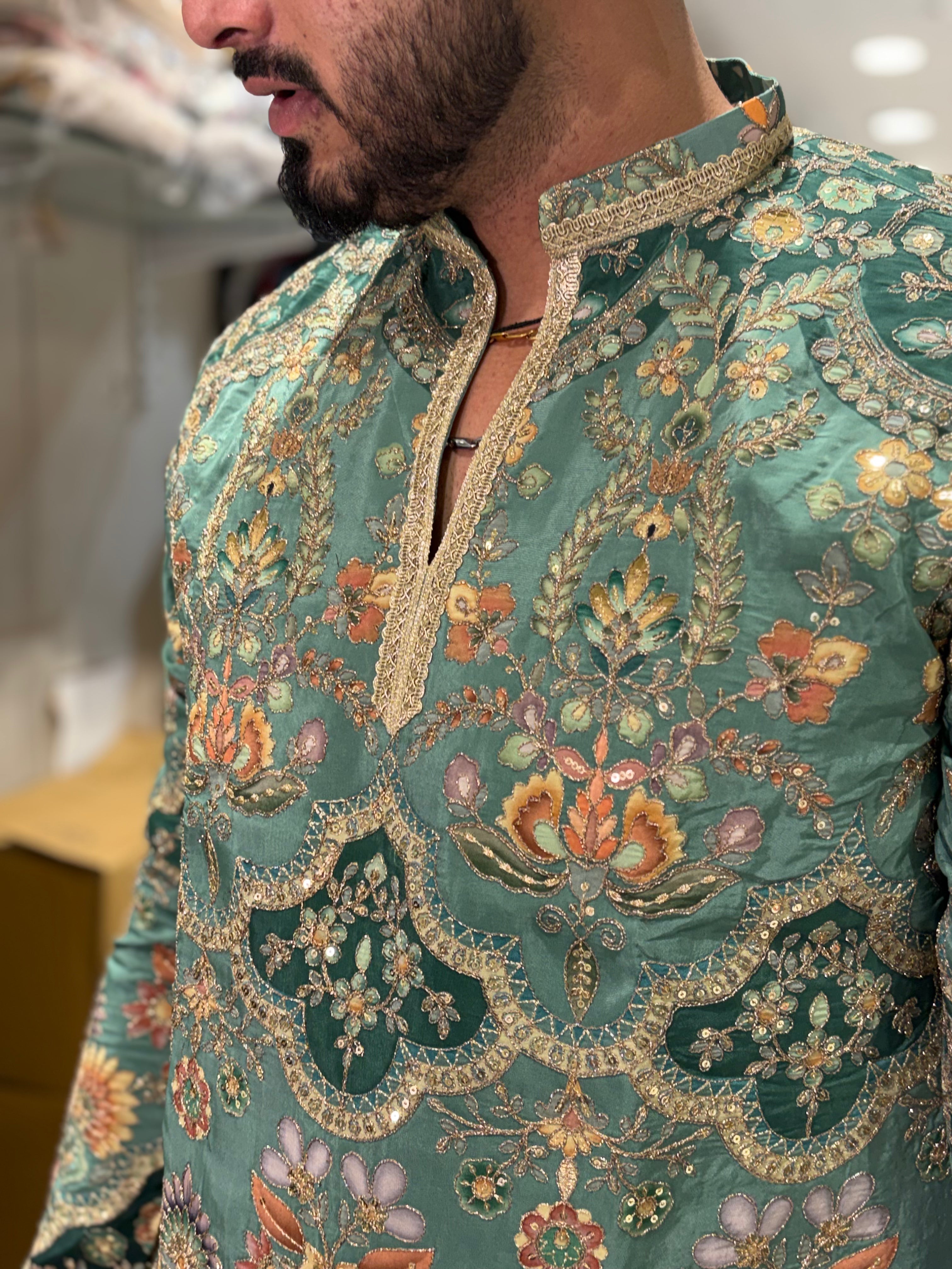Men's Fully Embroidered Floral Daman Work V-Neck Short Kurta | Tulsiya