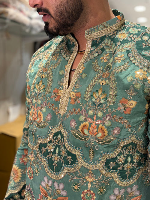 Men's Fully Embroidered Floral Daman Work V-Neck Short Kurta | Tulsiya