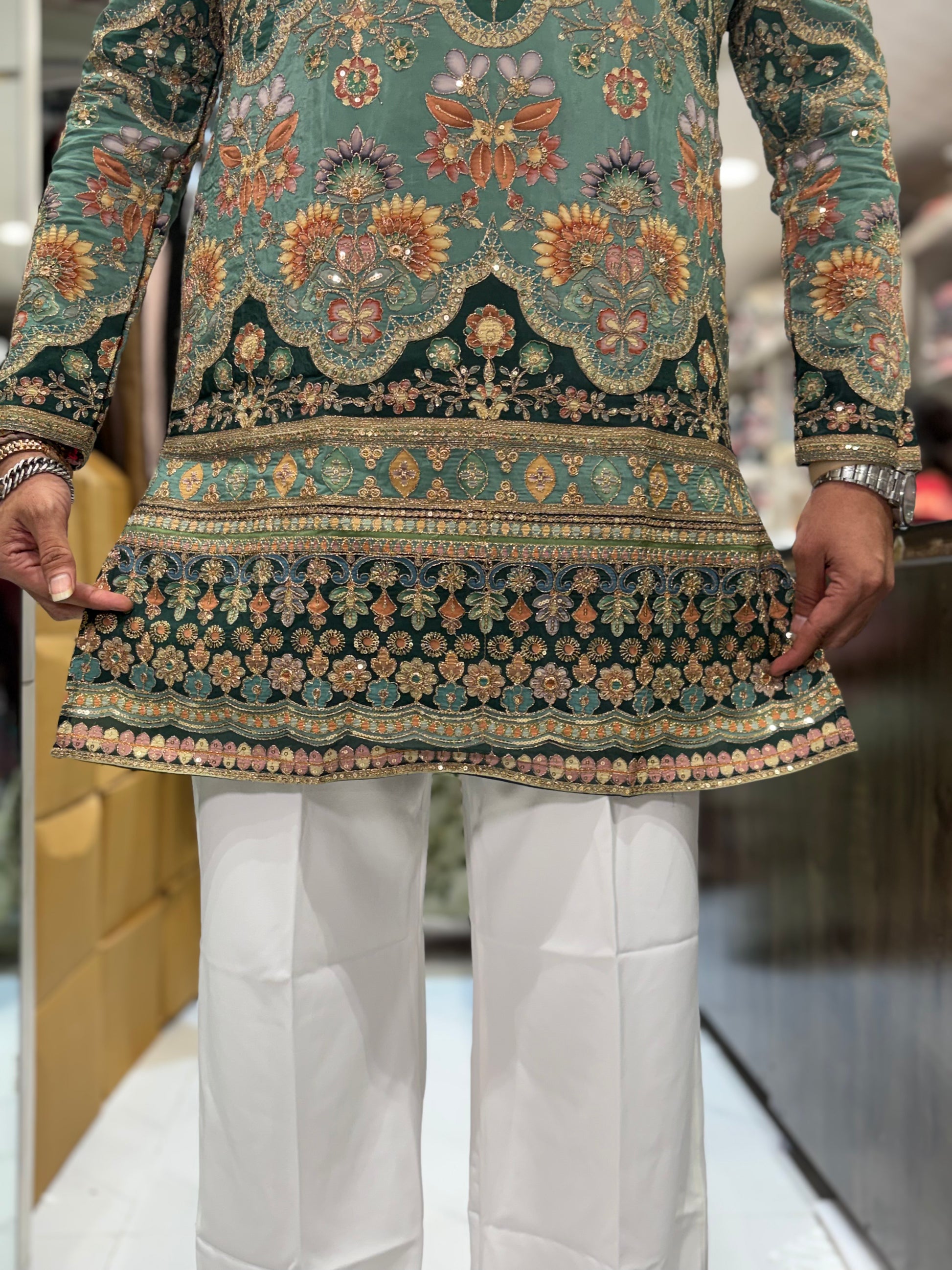 Men's Fully Embroidered Floral Daman Work V-Neck Short Kurta | Tulsiya